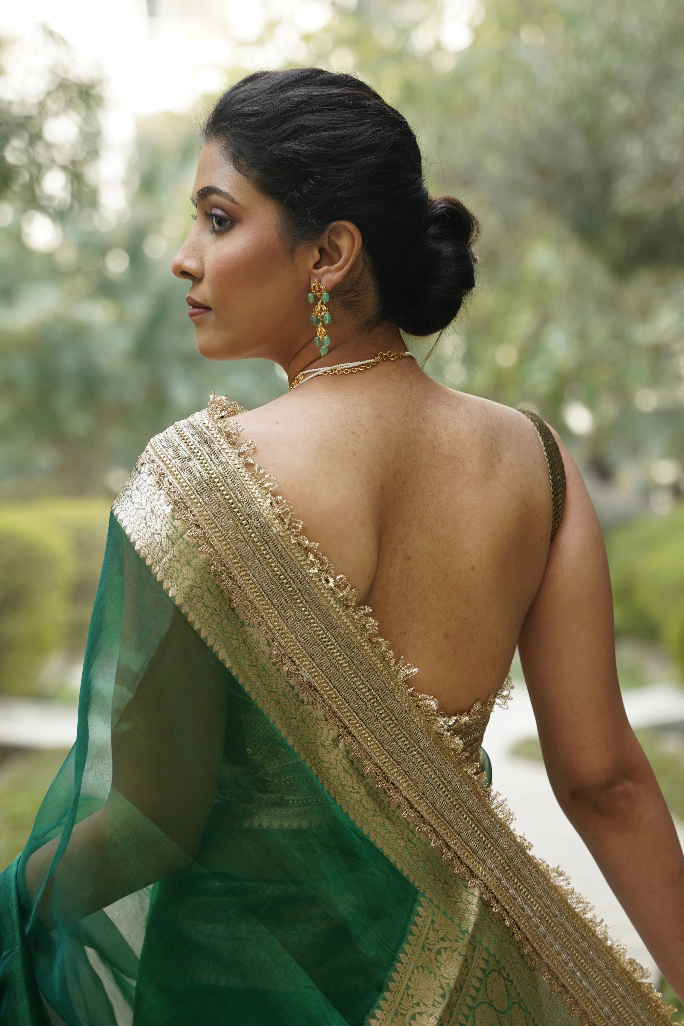 Emerald Green Tissue Banarasi Saree with Zari Border