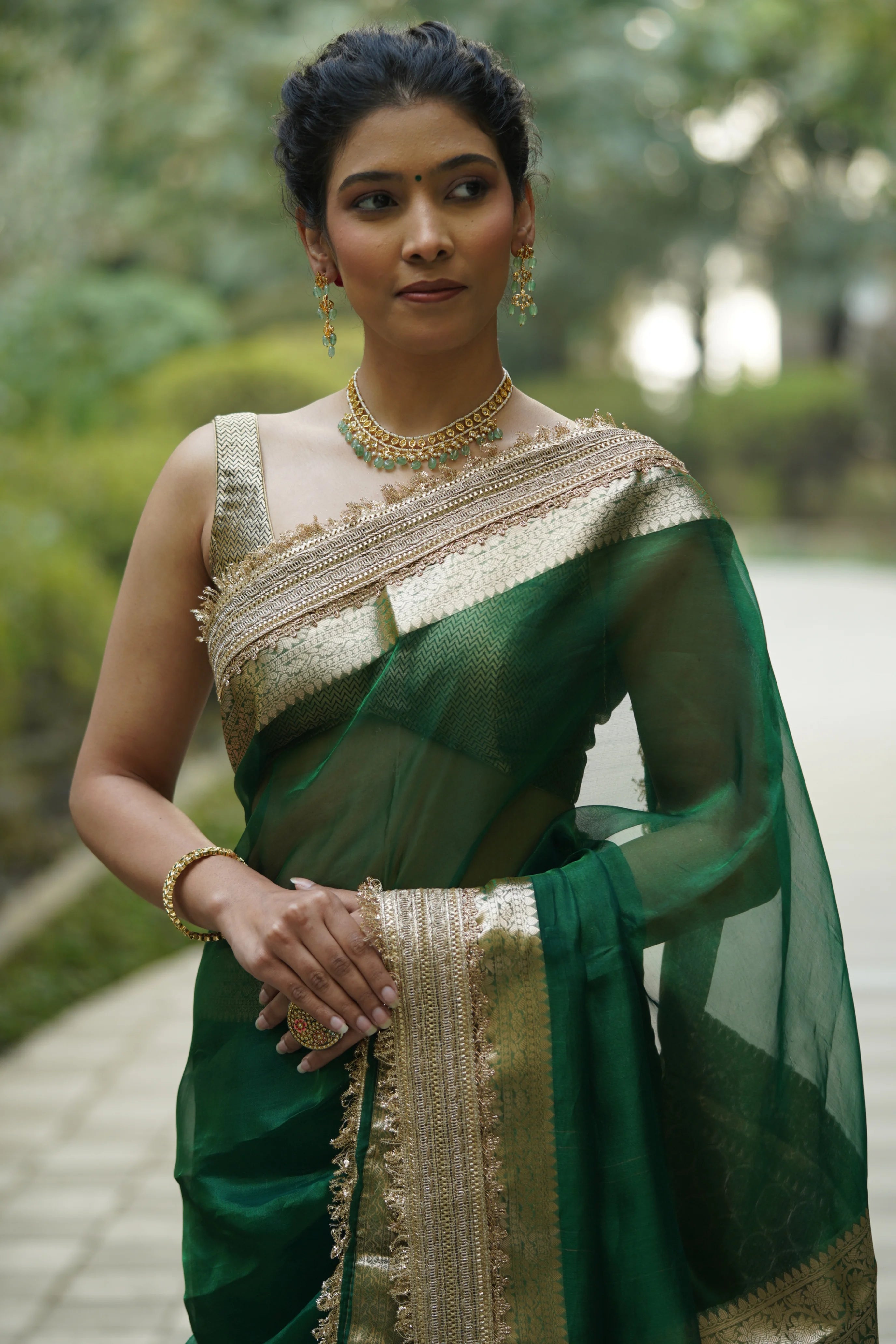 Emerald Green Tissue Banarasi Saree with Zari Border