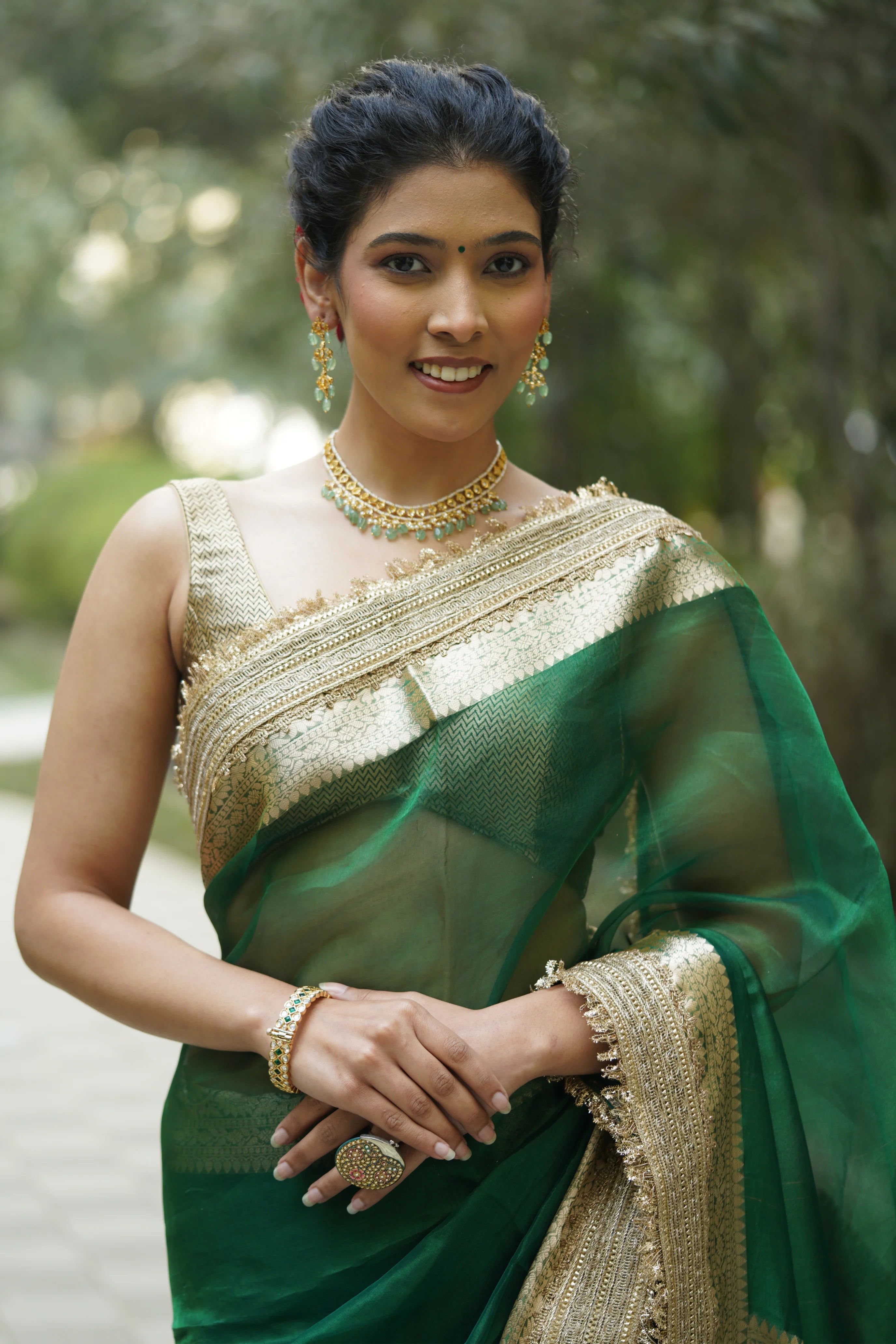 Emerald Green Tissue Banarasi Saree with Zari Border