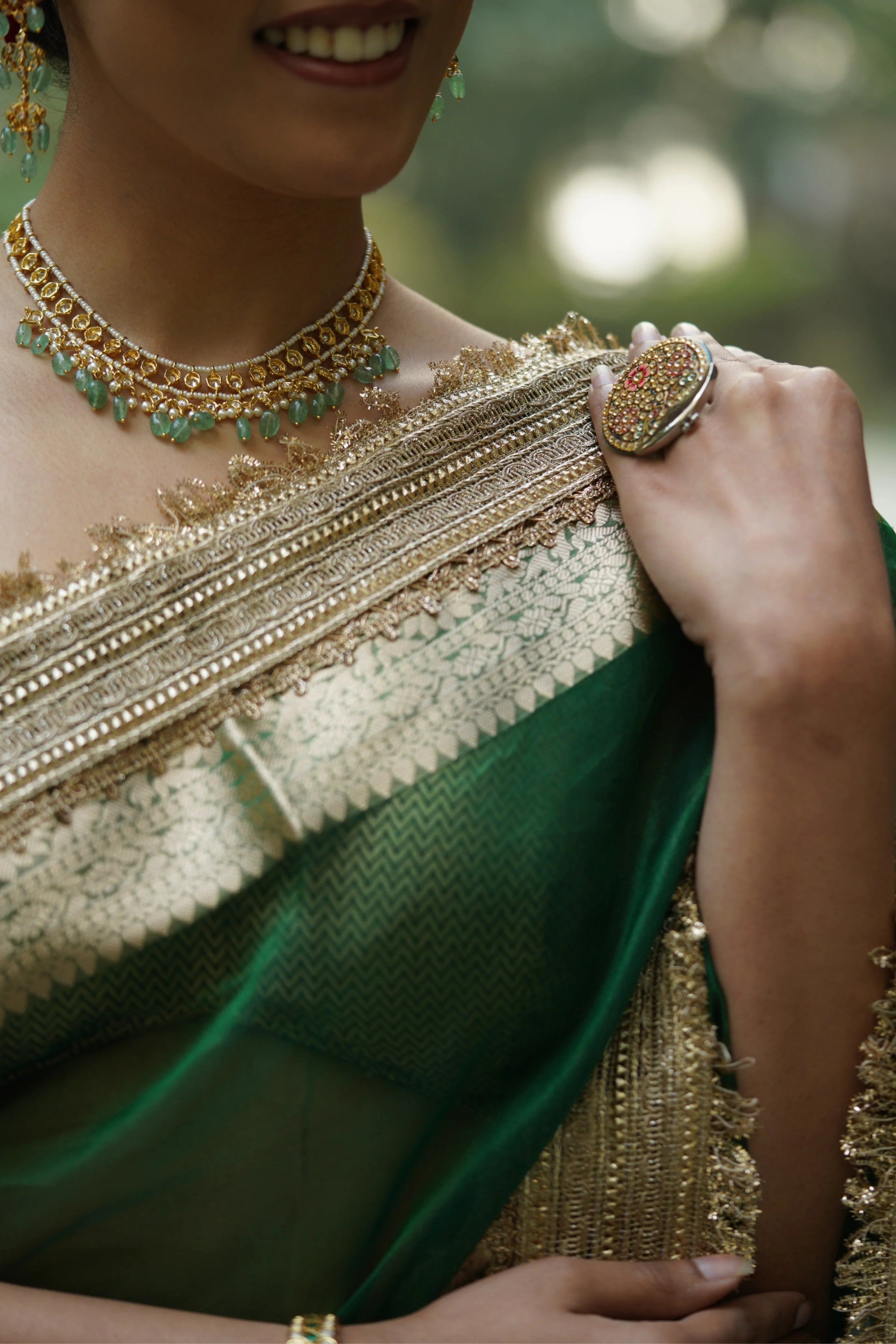 Emerald Green Tissue Banarasi Saree with Zari Border