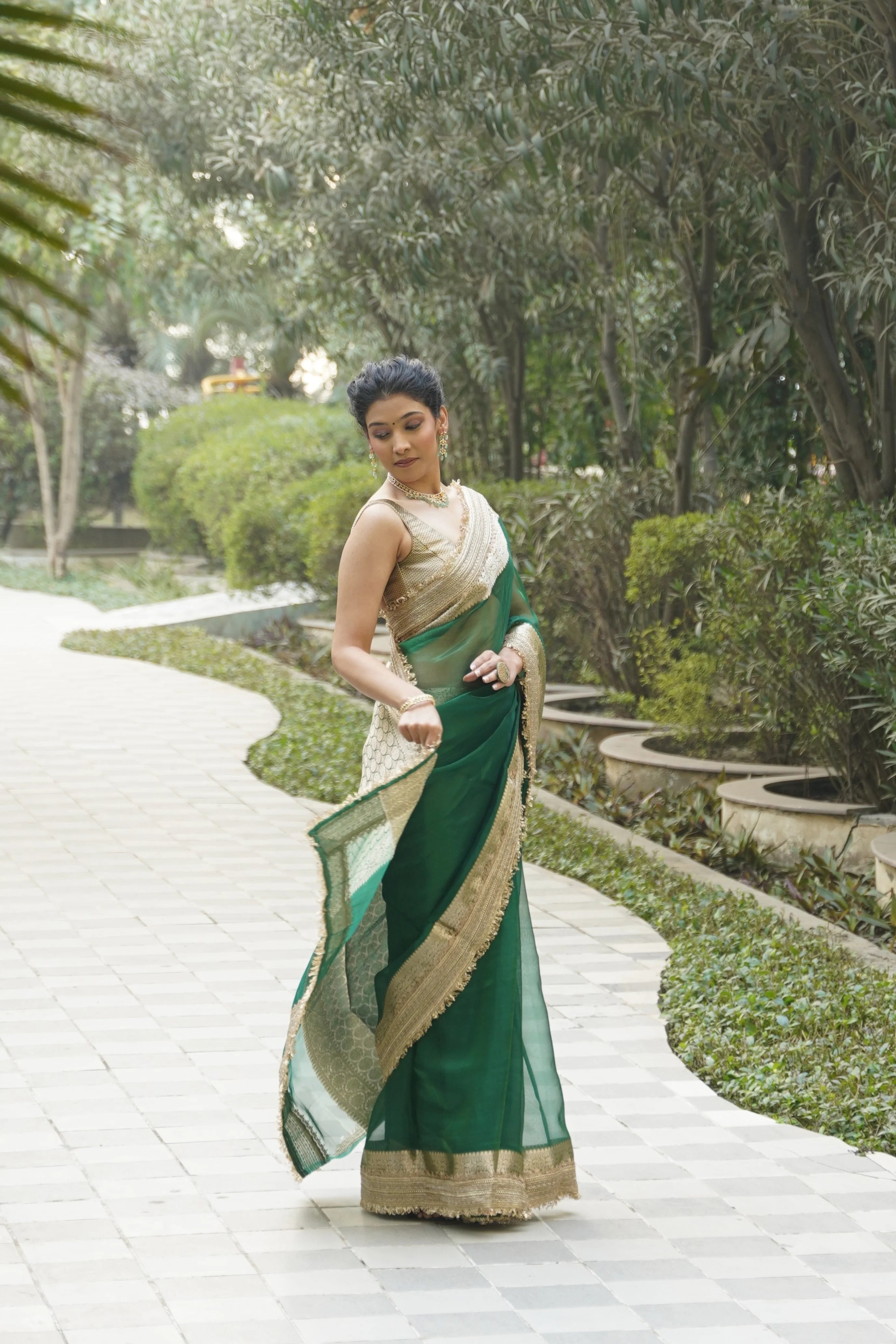 Emerald Green Tissue Banarasi Saree with Zari Border