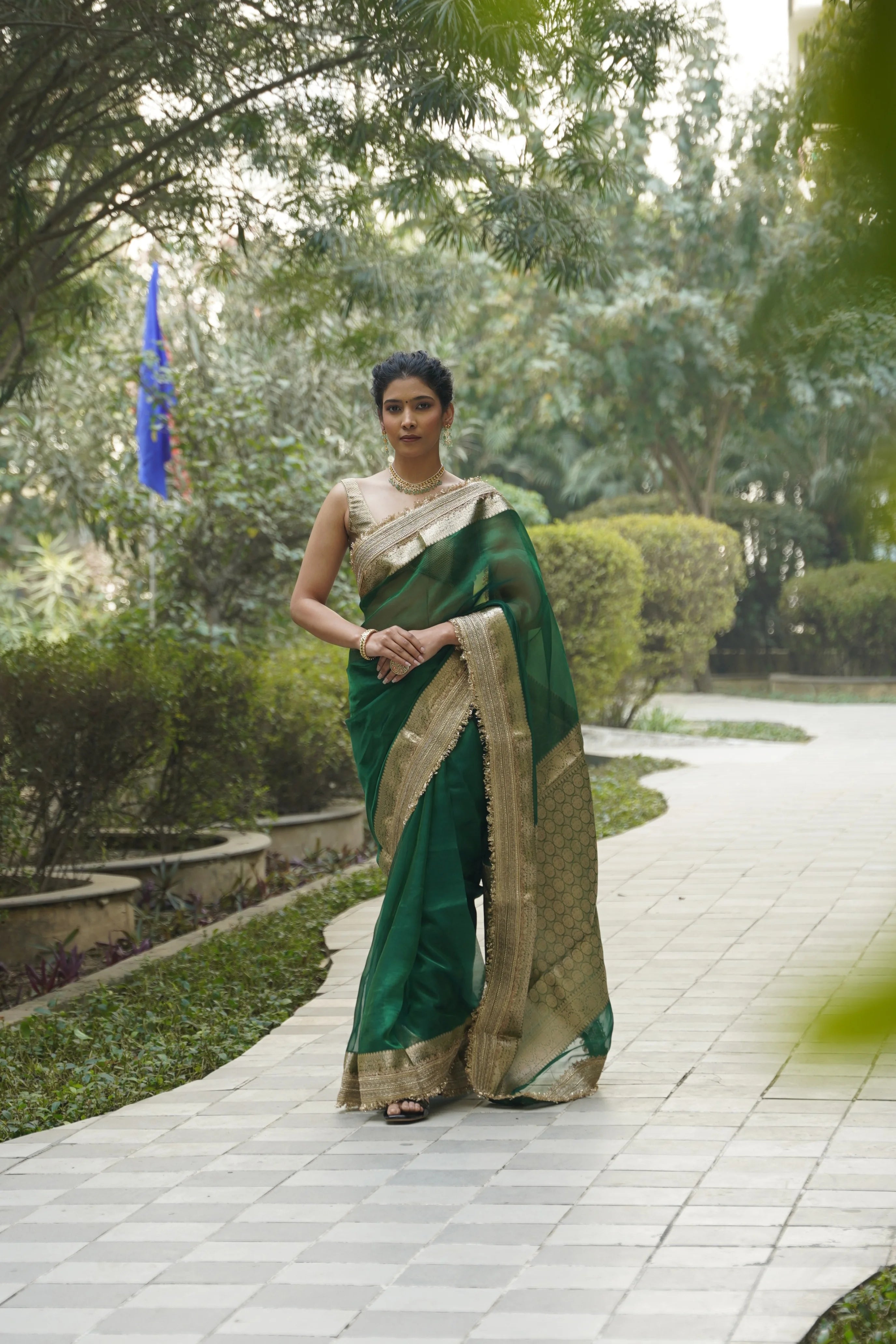 Emerald Green Tissue Banarasi Saree with Zari Border
