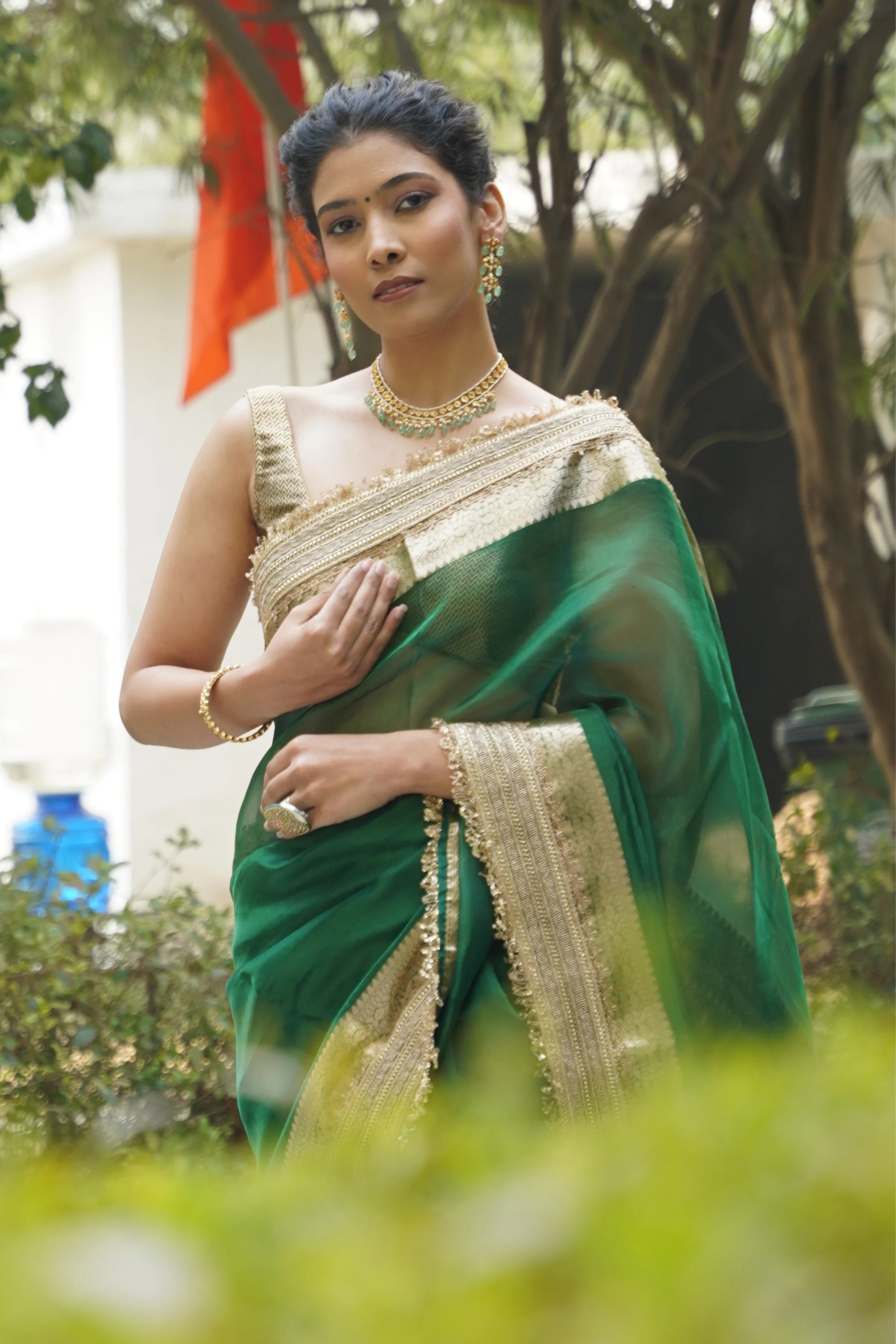 Emerald Green Tissue Banarasi Saree with Zari Border