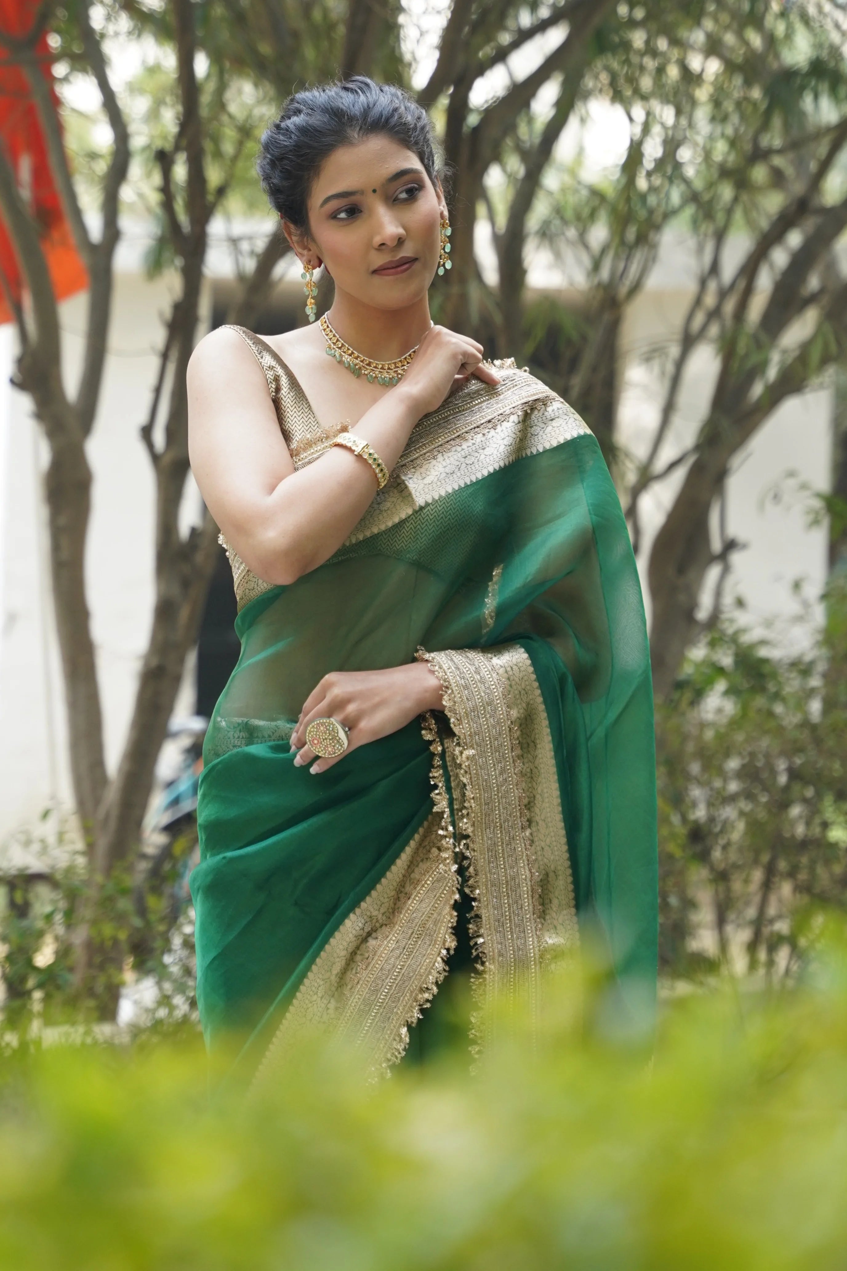 Emerald Green Tissue Banarasi Saree with Zari Border
