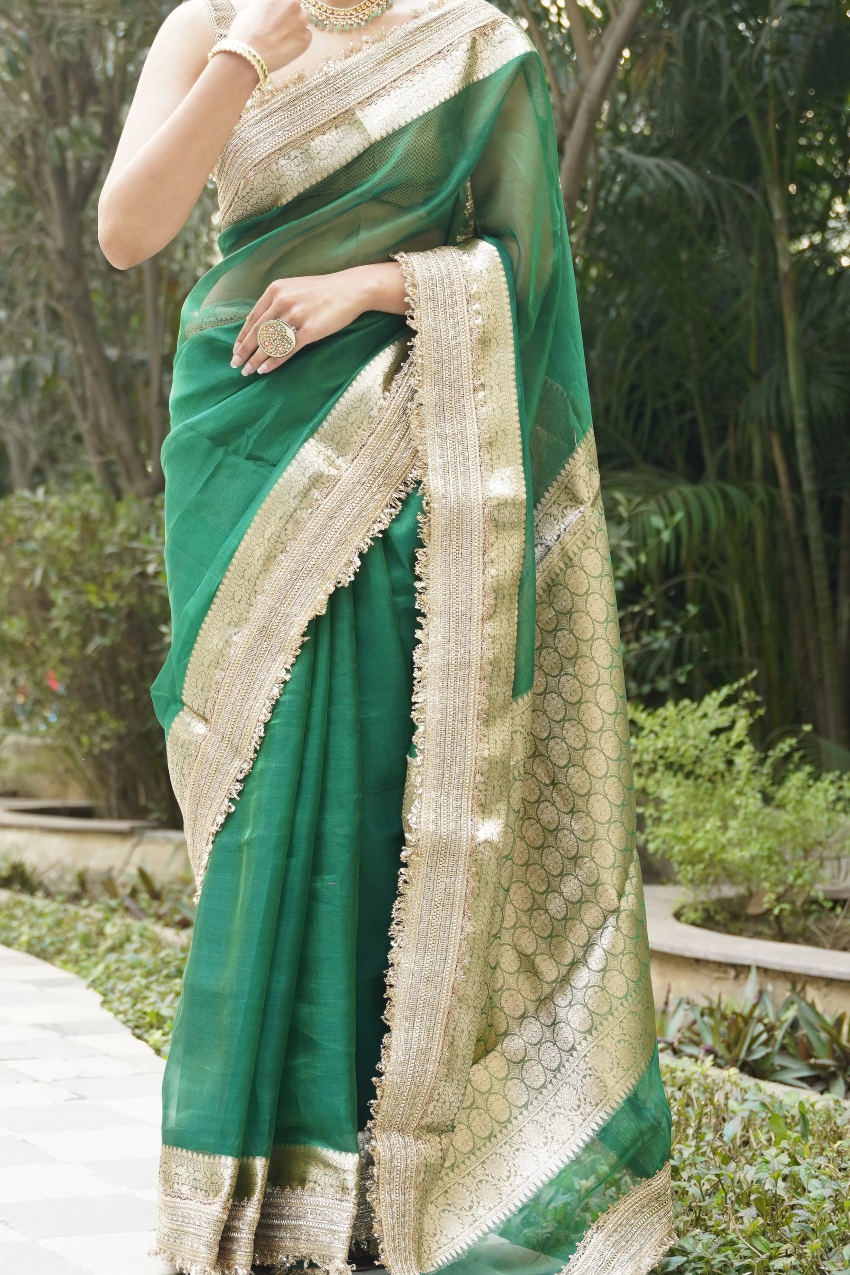 Emerald Green Tissue Banarasi Saree with Zari Border