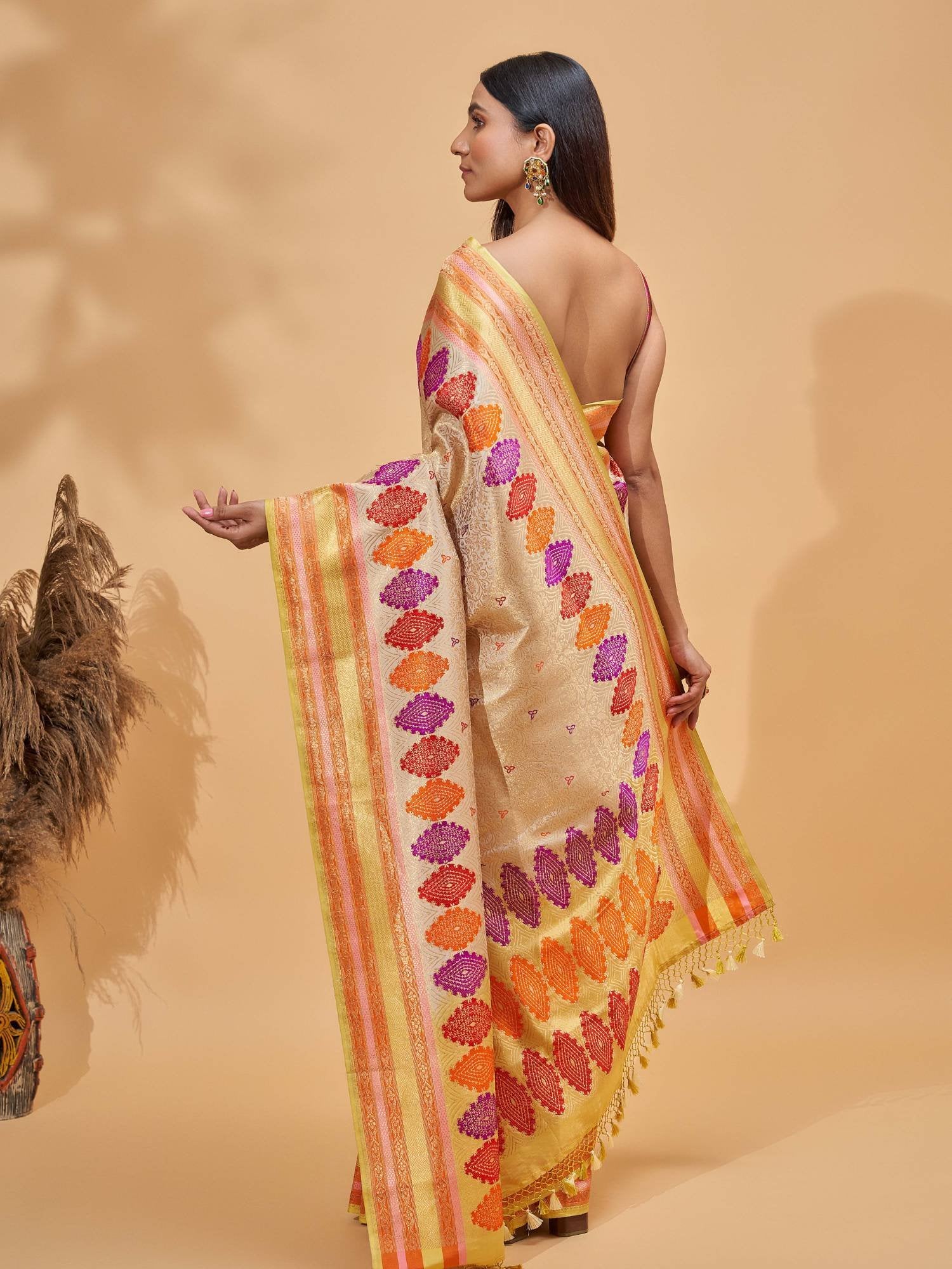 Ila (Beige Tanchoi Meenakari Border Saree)