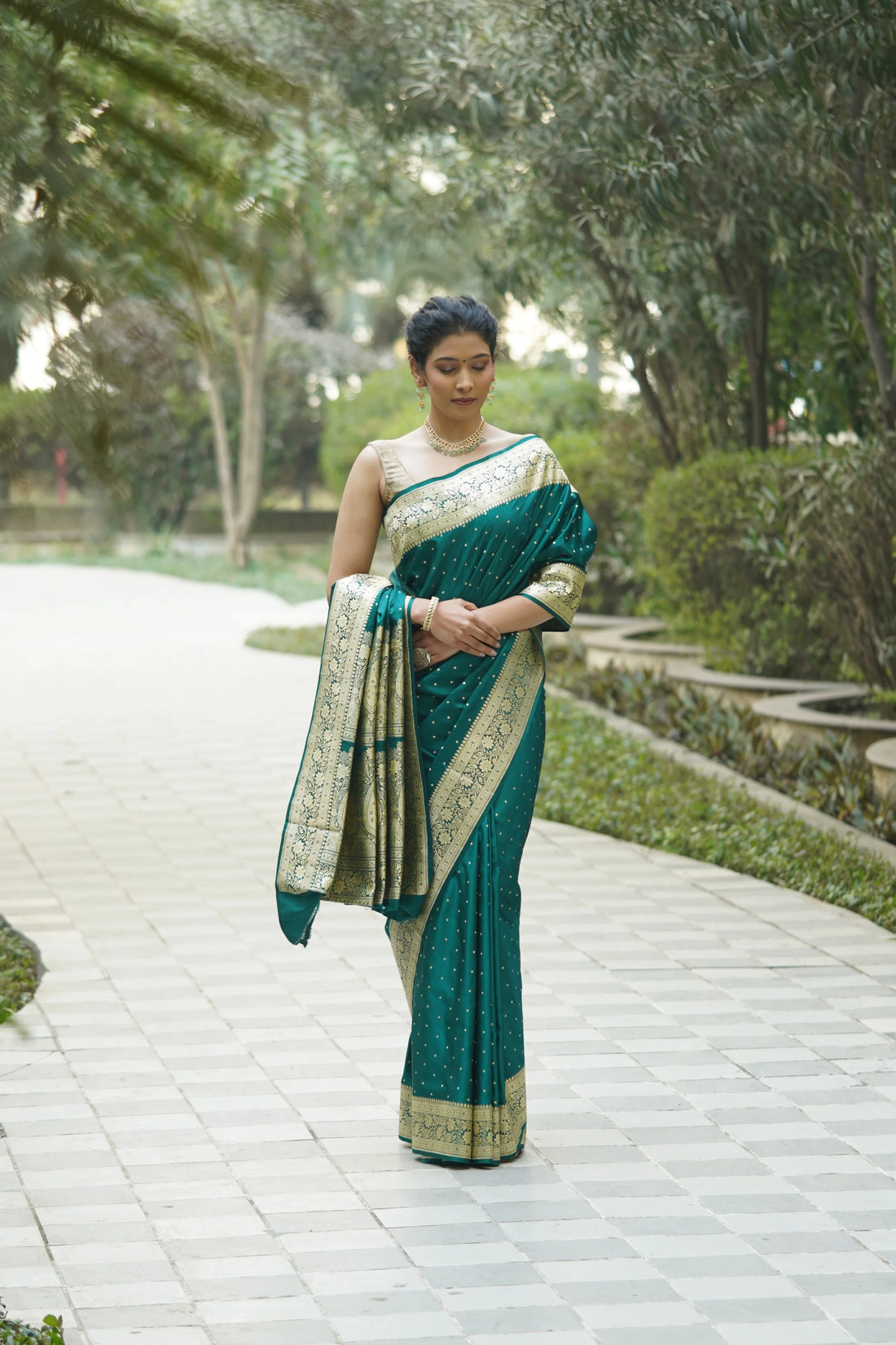 Heena Rama Green Satin Banarasi Saree with Zari Booties