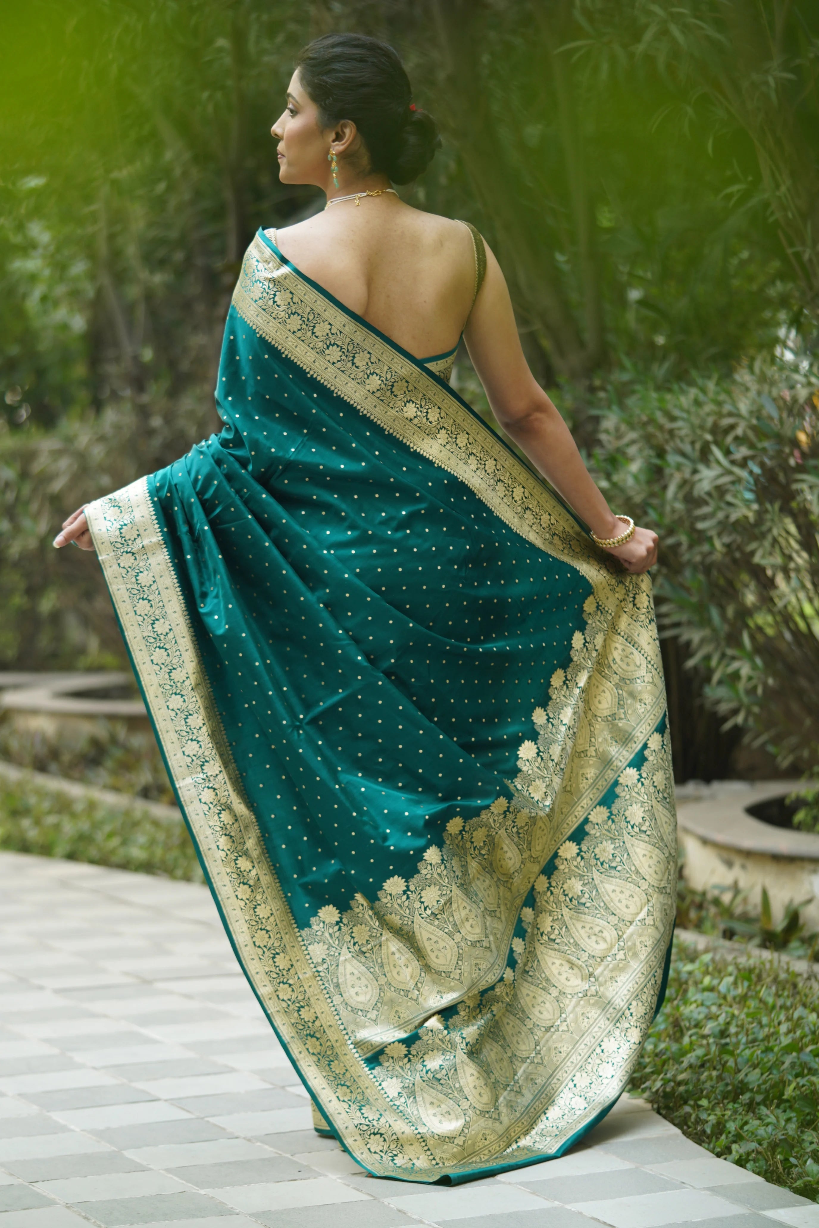 Heena Rama Green Satin Banarasi Saree with Zari Booties