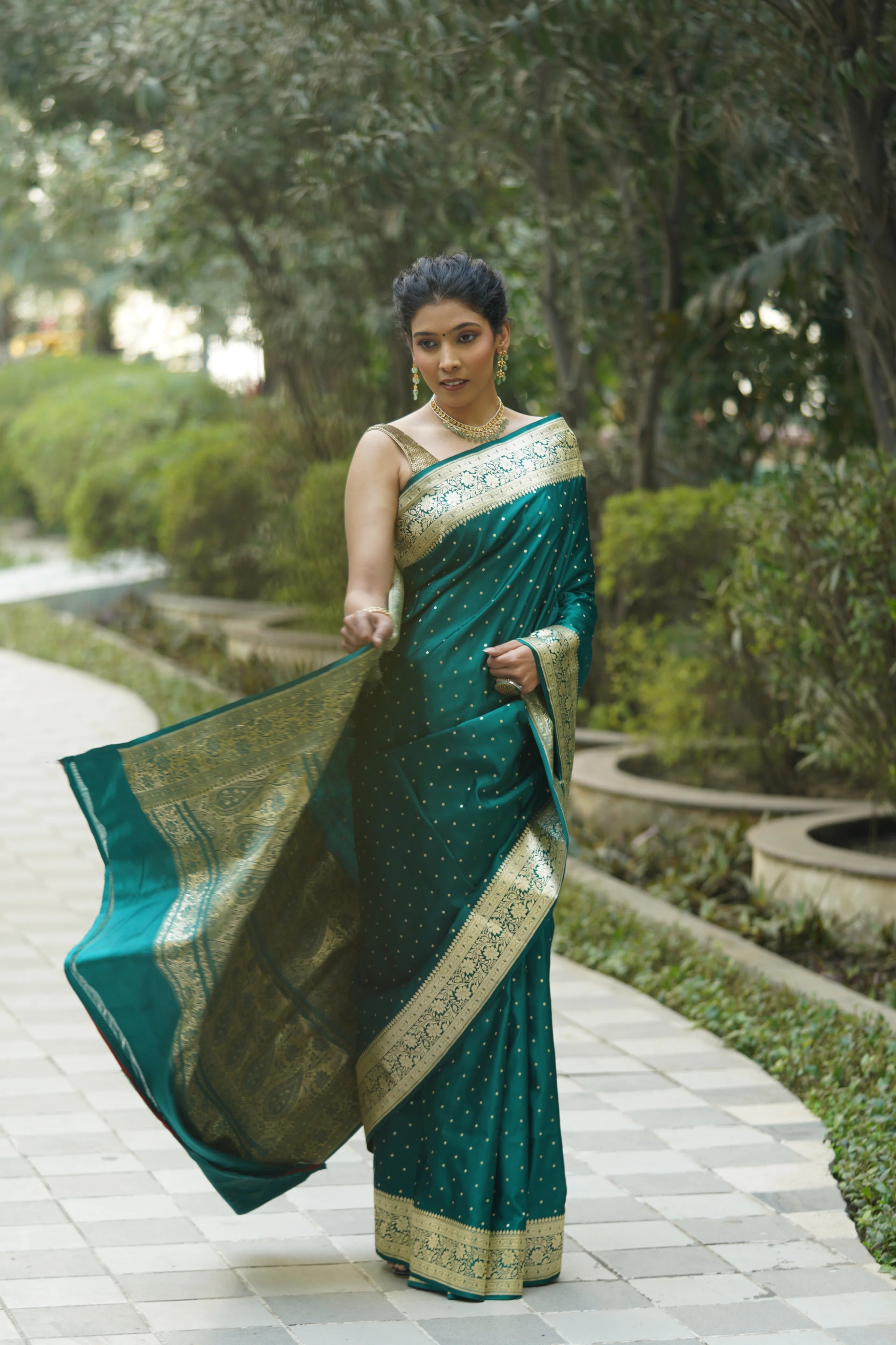 Heena Rama Green Satin Banarasi Saree with Zari Booties