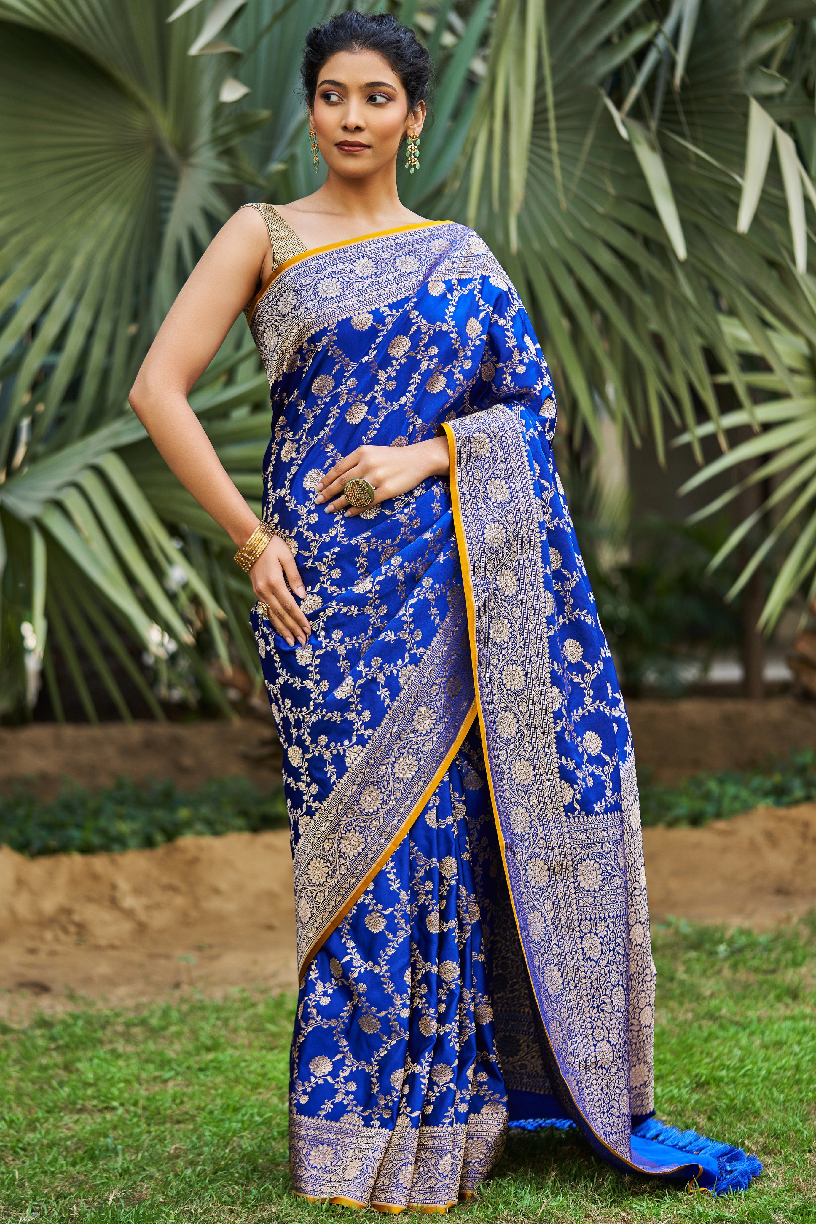Kamalini Royal Blue Satin Mushru Silk Banarasi Saree