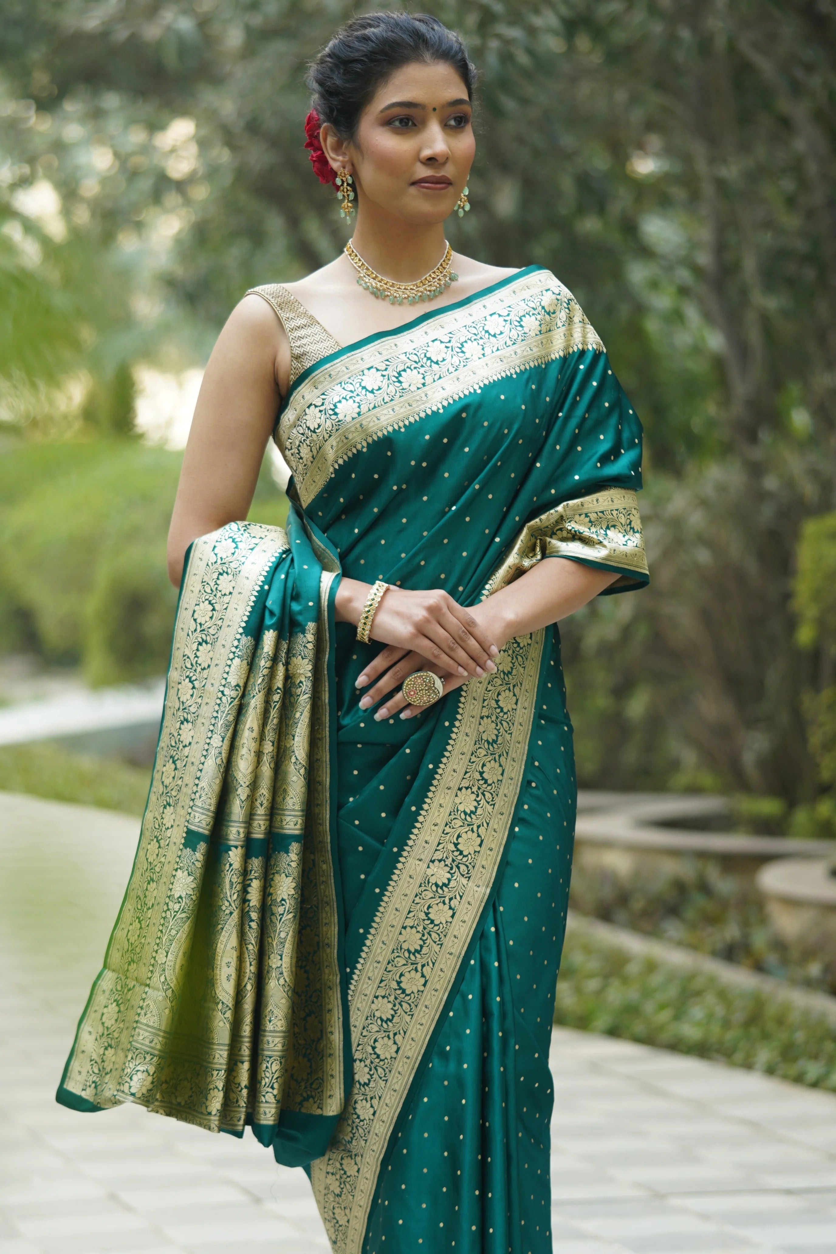 Heena Rama Green Satin Banarasi Saree with Zari Booties