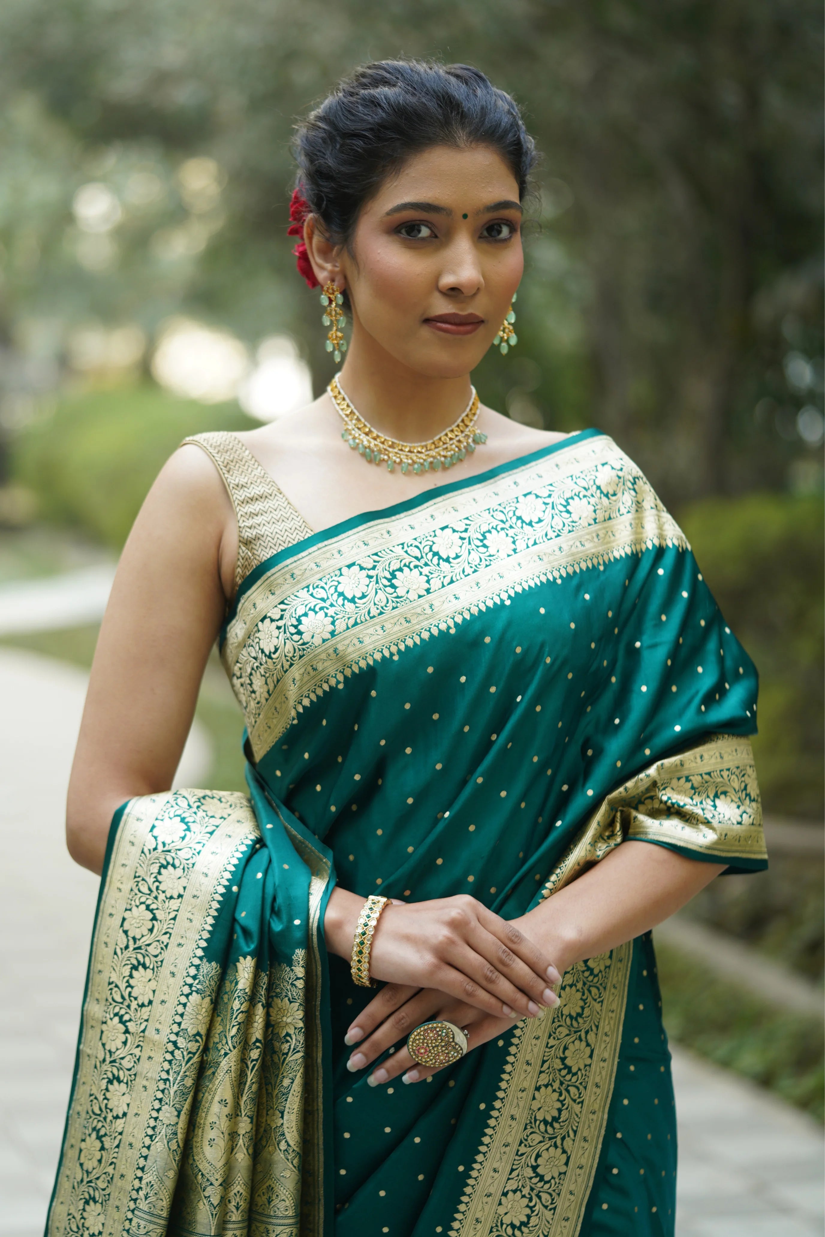 Heena Rama Green Satin Banarasi Saree with Zari Booties