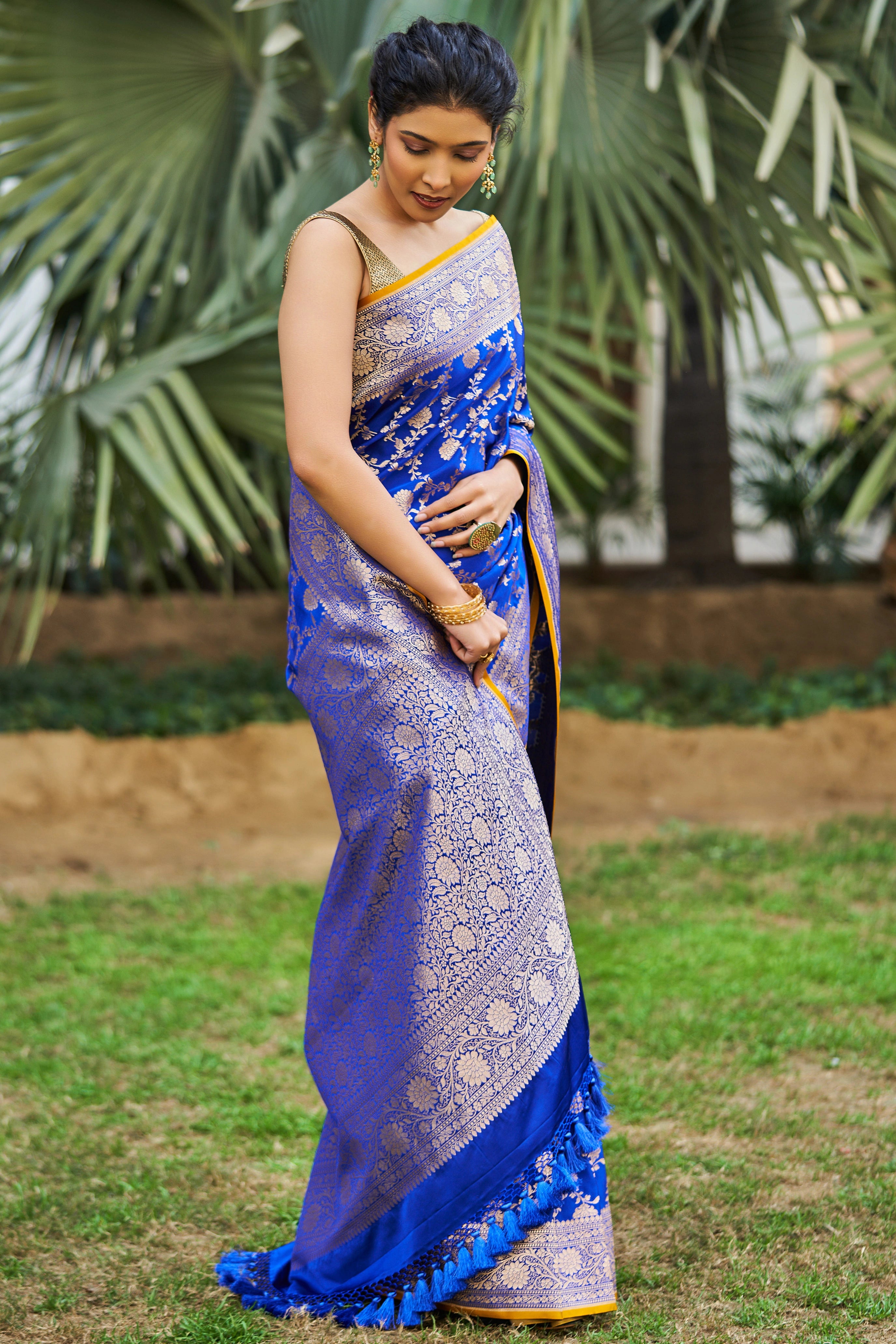 Kamalini Royal Blue Satin Mushru Silk Banarasi Saree