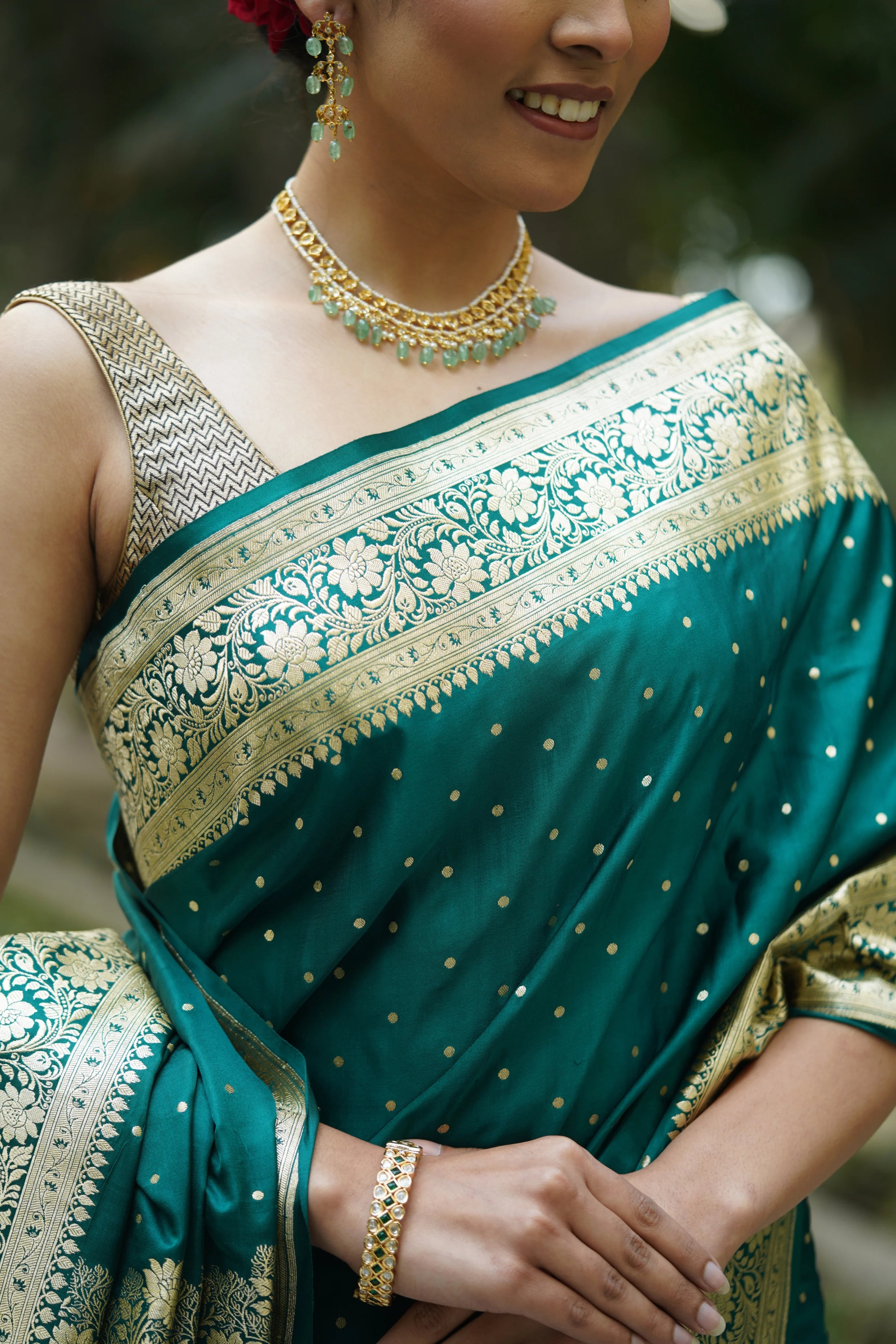 Heena Rama Green Satin Banarasi Saree with Zari Booties