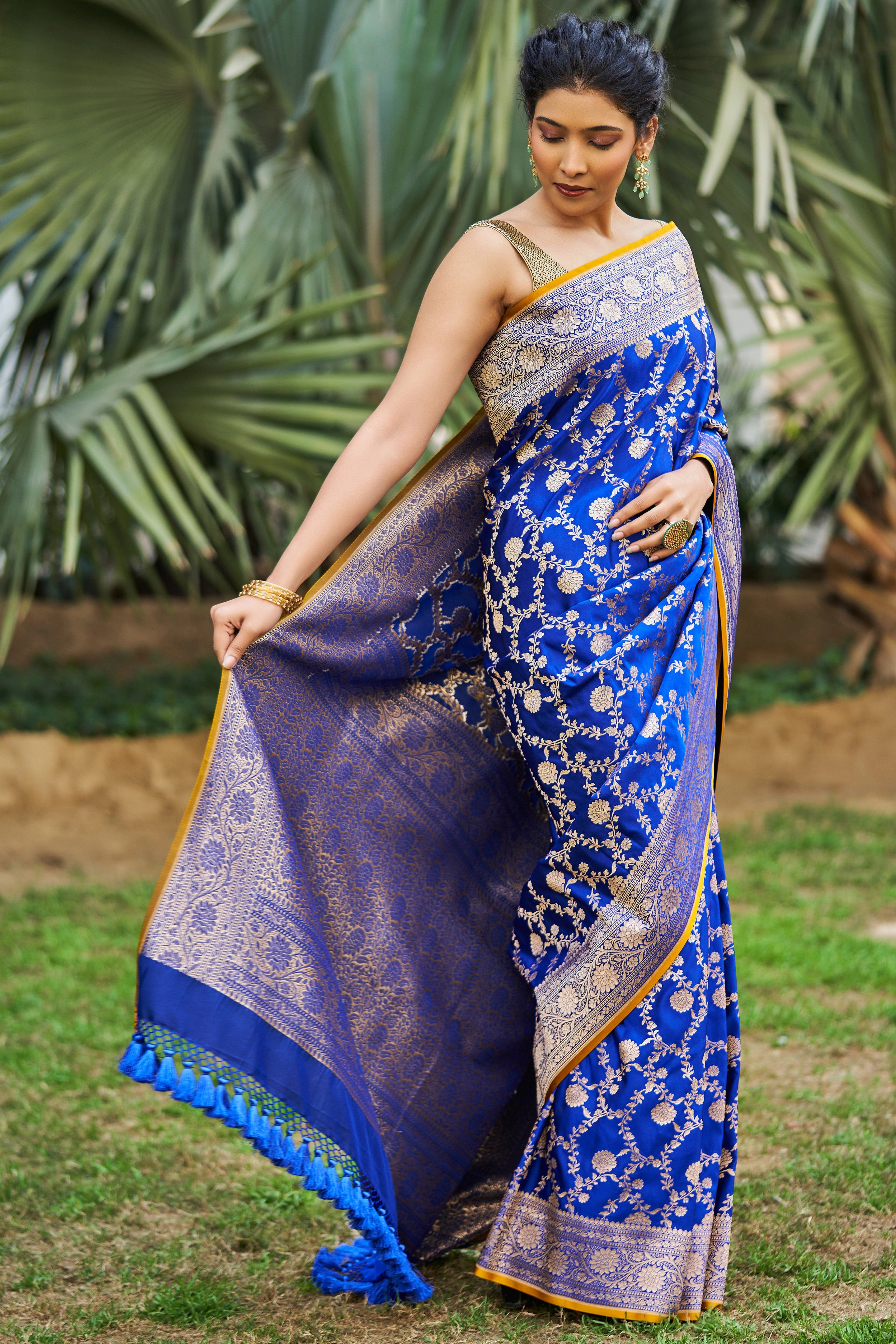 Kamalini Royal Blue Satin Mushru Silk Banarasi Saree