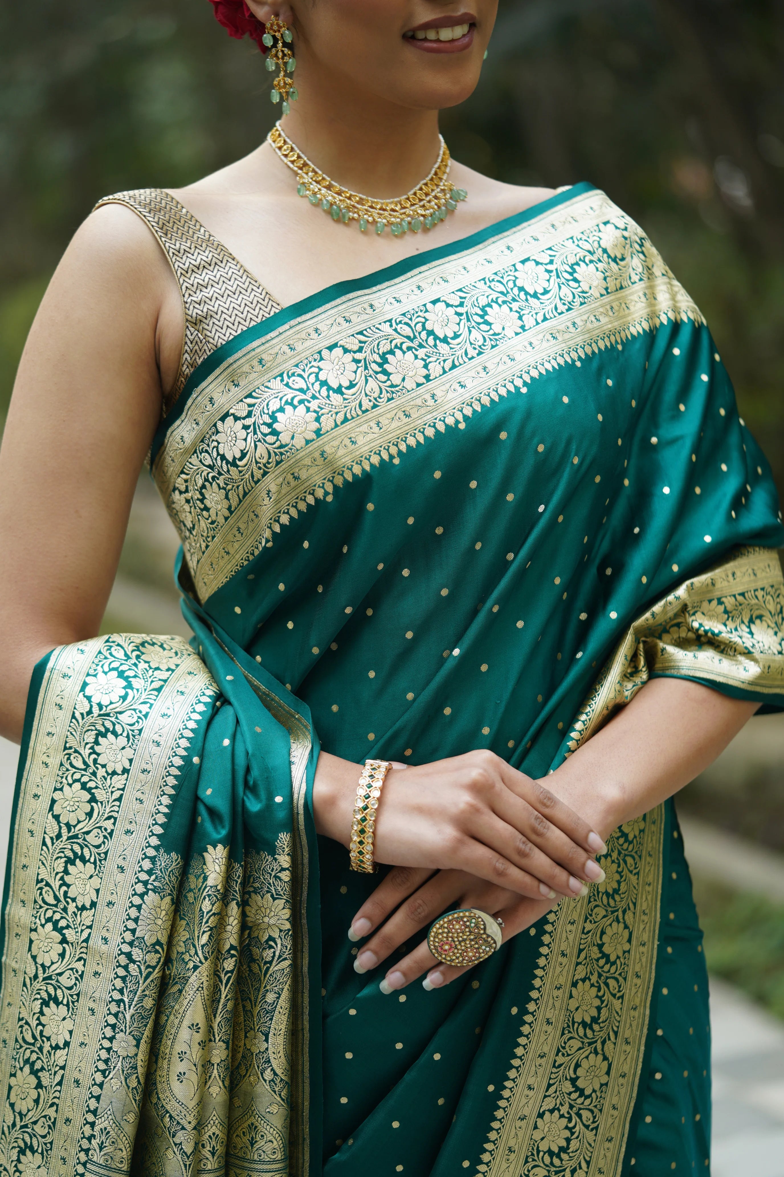 Heena Rama Green Satin Banarasi Saree with Zari Booties