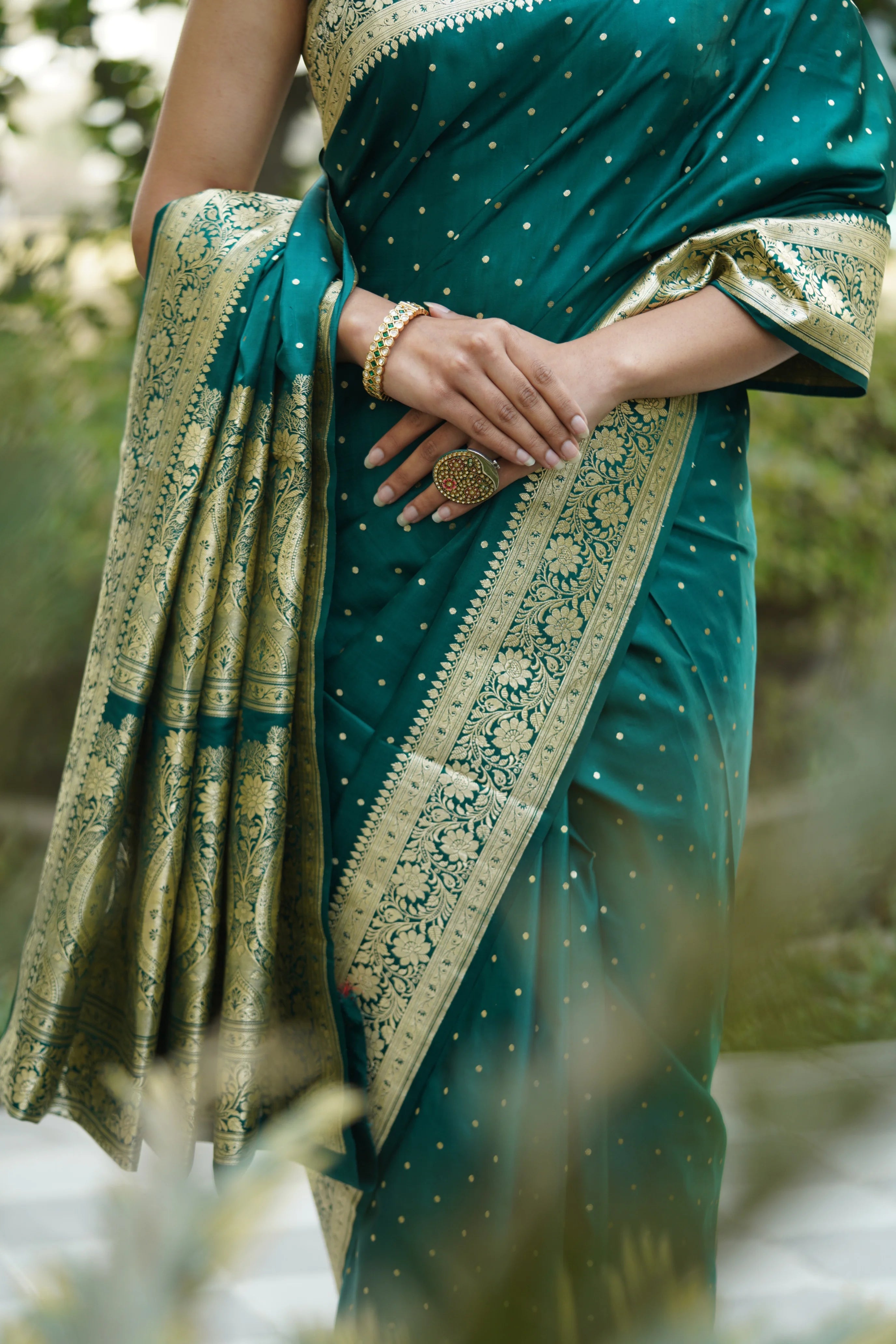 Heena Rama Green Satin Banarasi Saree with Zari Booties