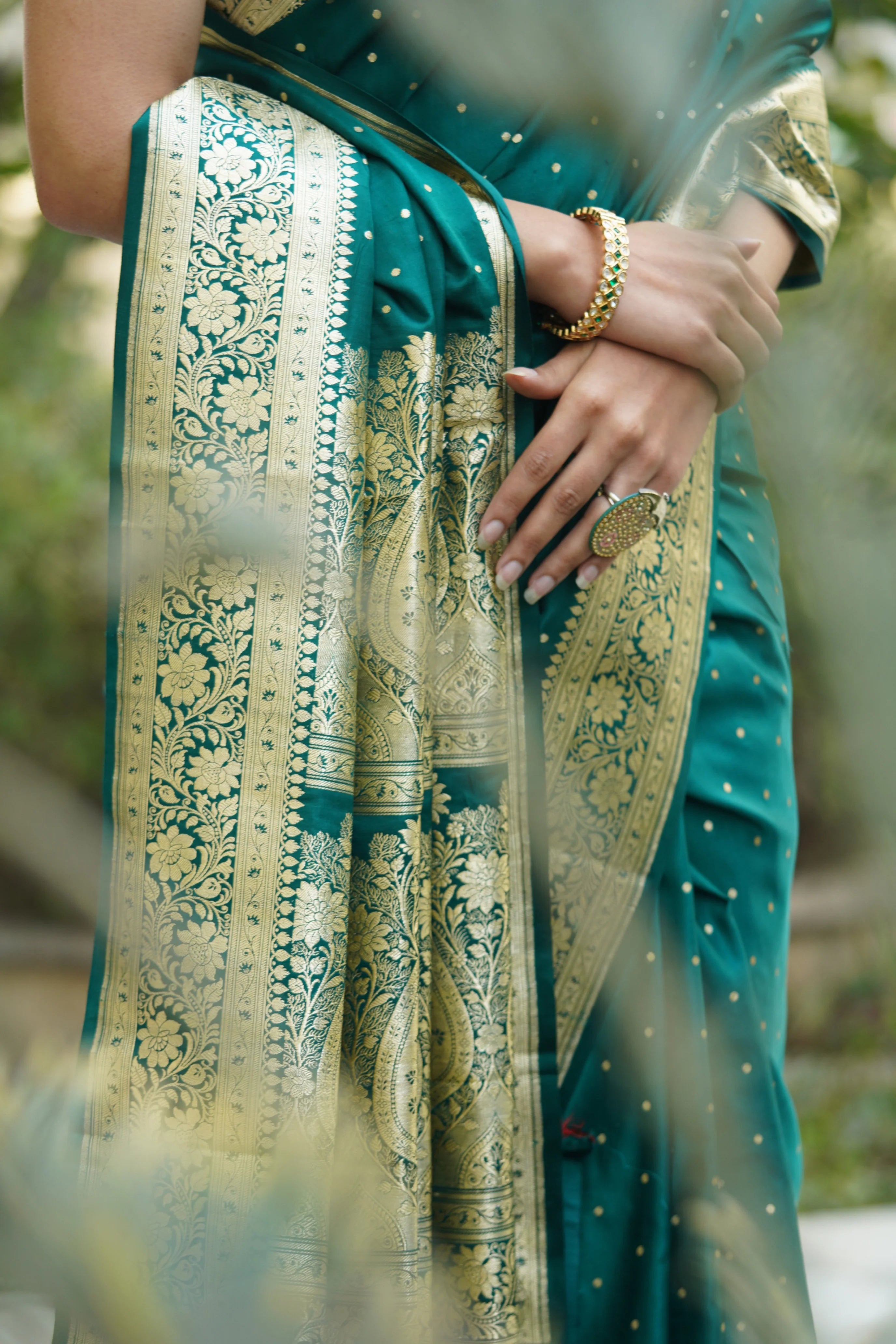 Heena Rama Green Satin Banarasi Saree with Zari Booties