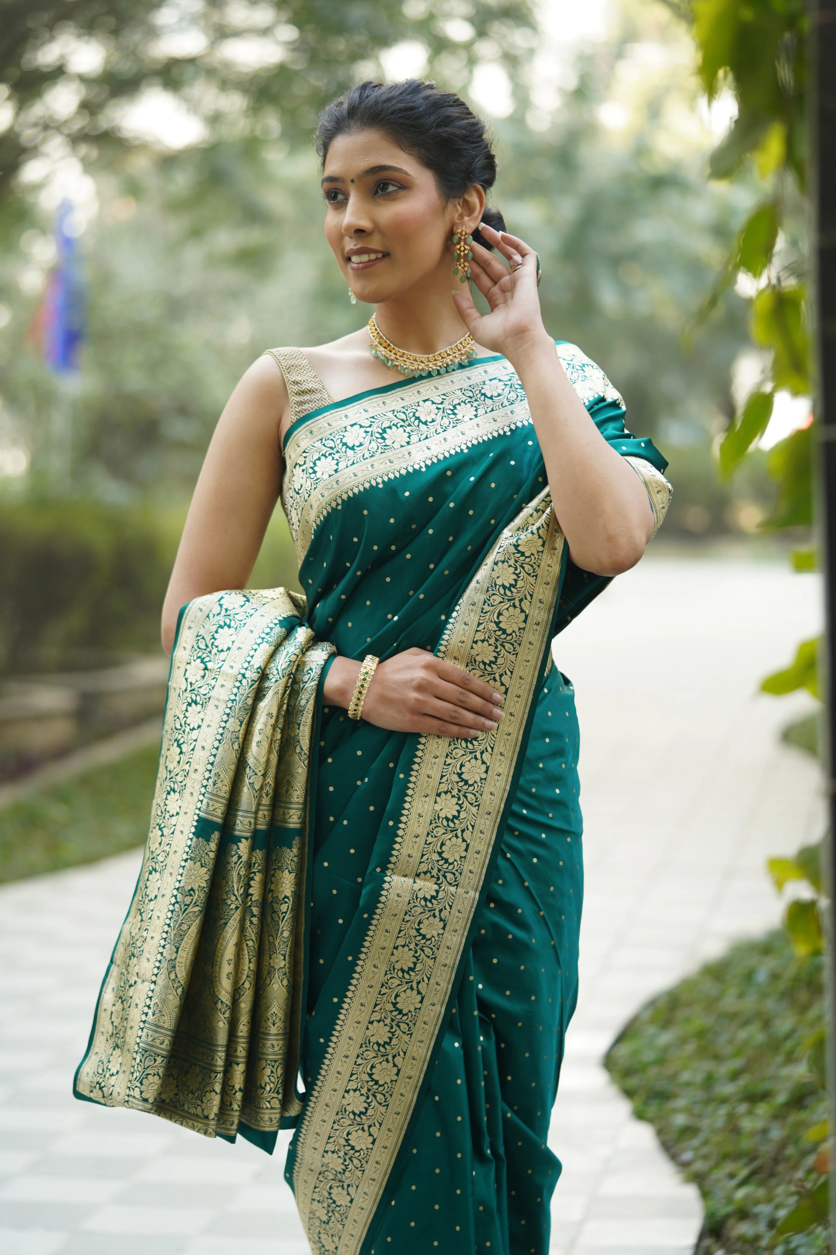 Heena Rama Green Satin Banarasi Saree with Zari Booties