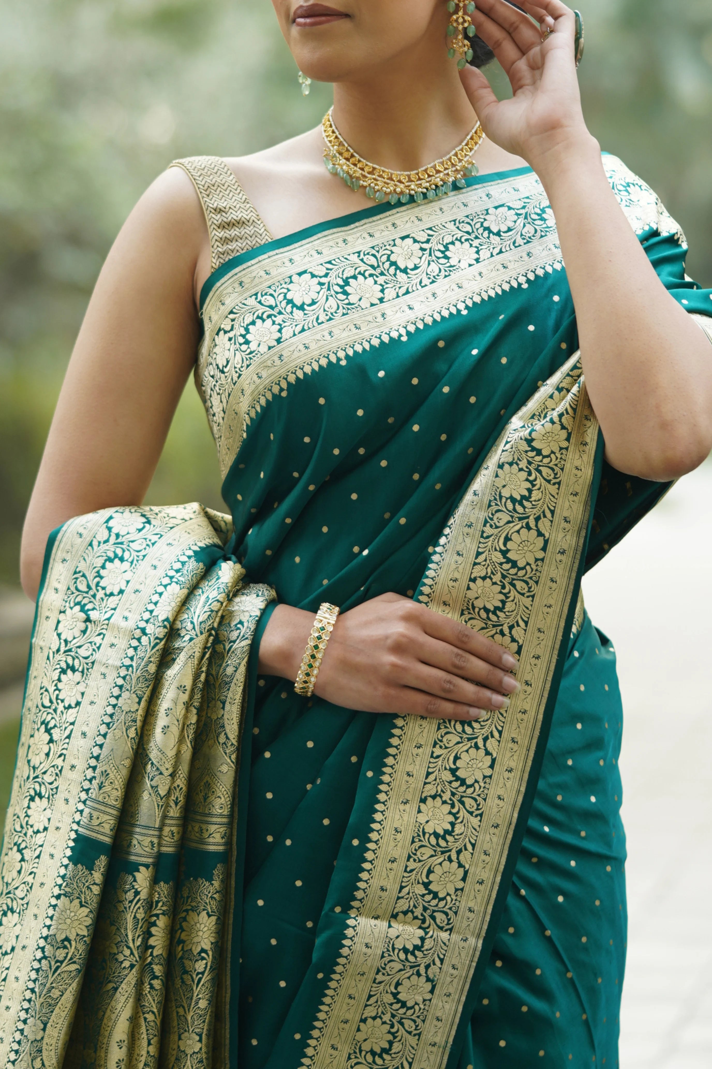 Heena Rama Green Satin Banarasi Saree with Zari Booties