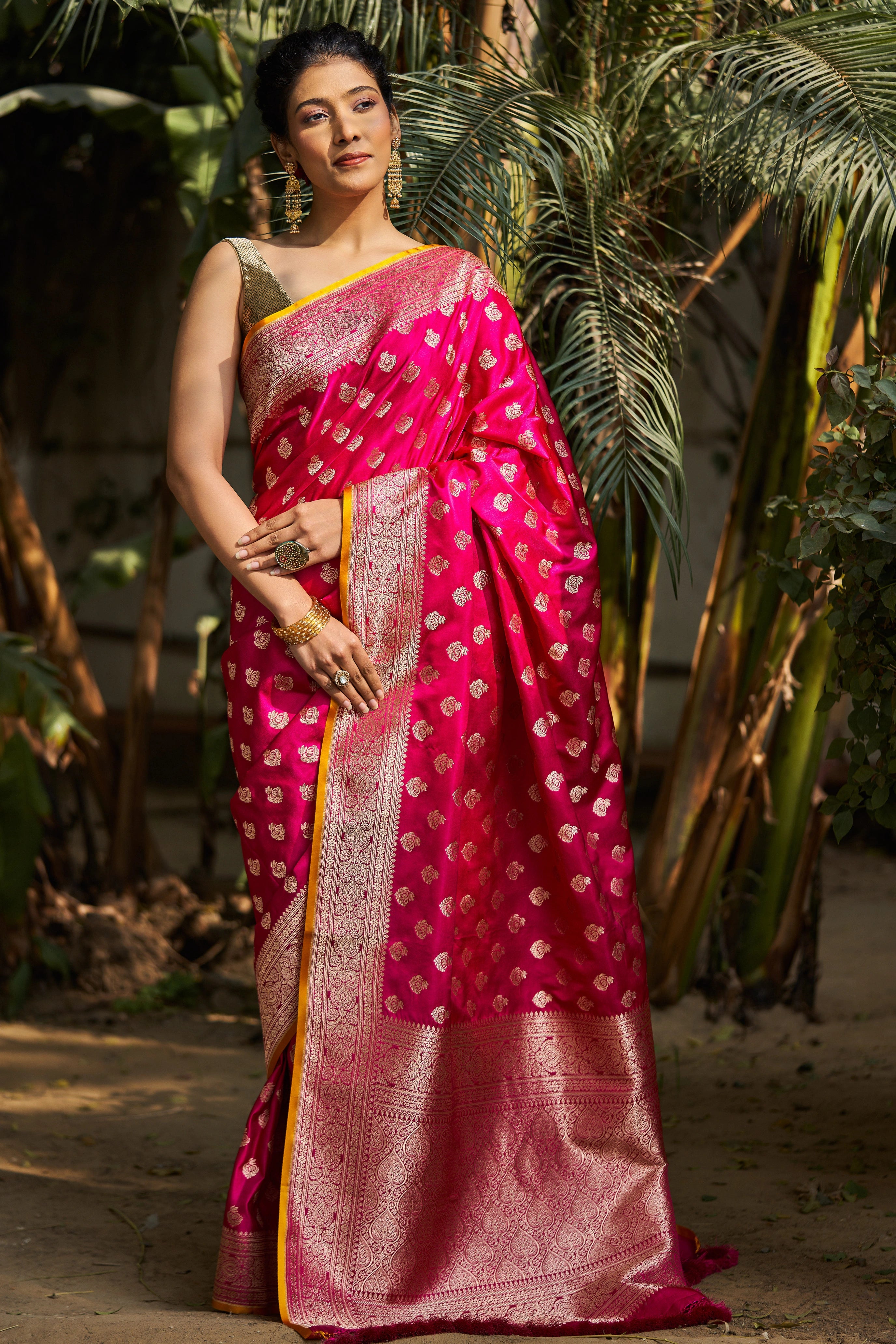 Aprajita Pink Satin Mushru Silk Banarasi Saree with Booties