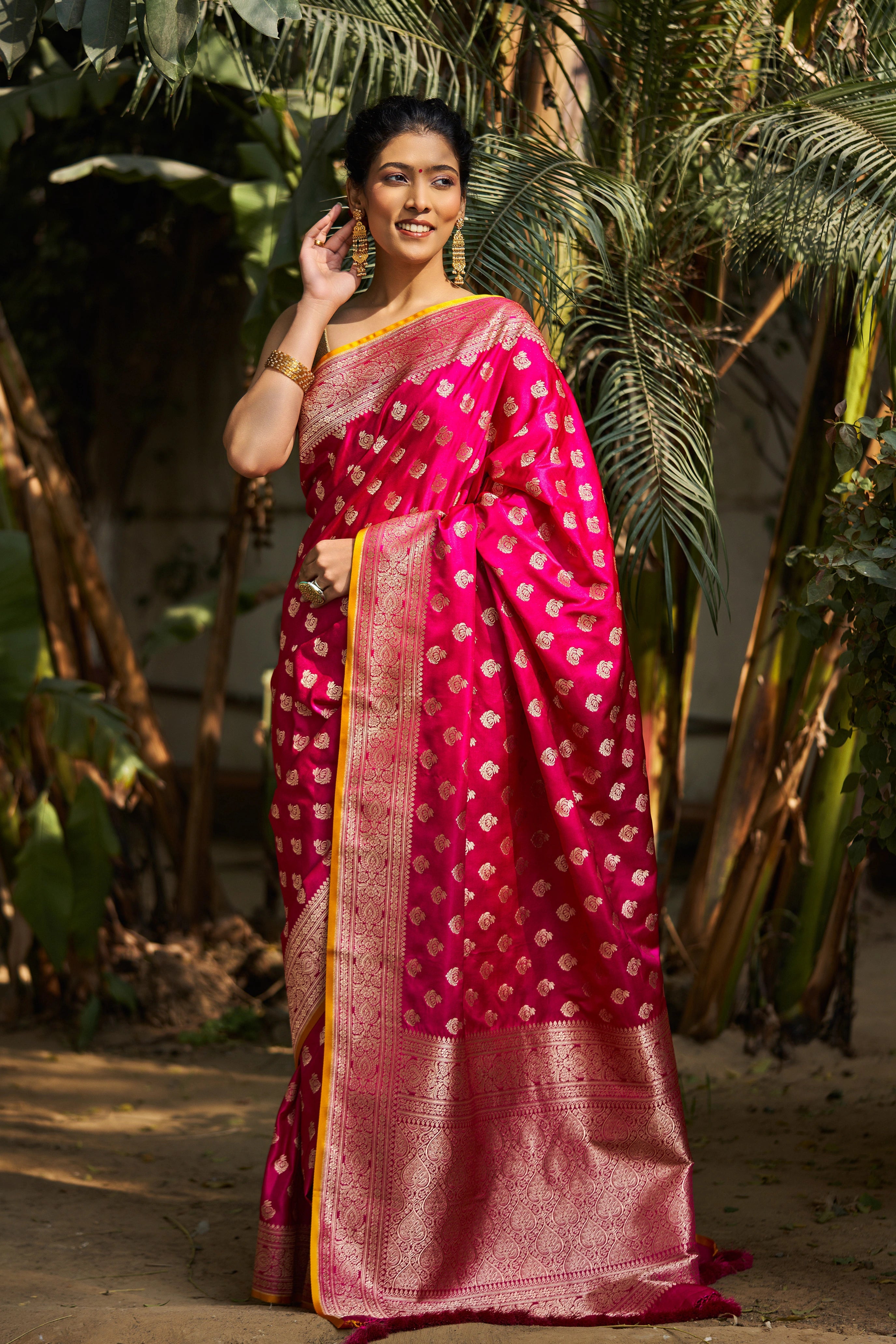Aprajita Pink Satin Mushru Silk Banarasi Saree with Booties