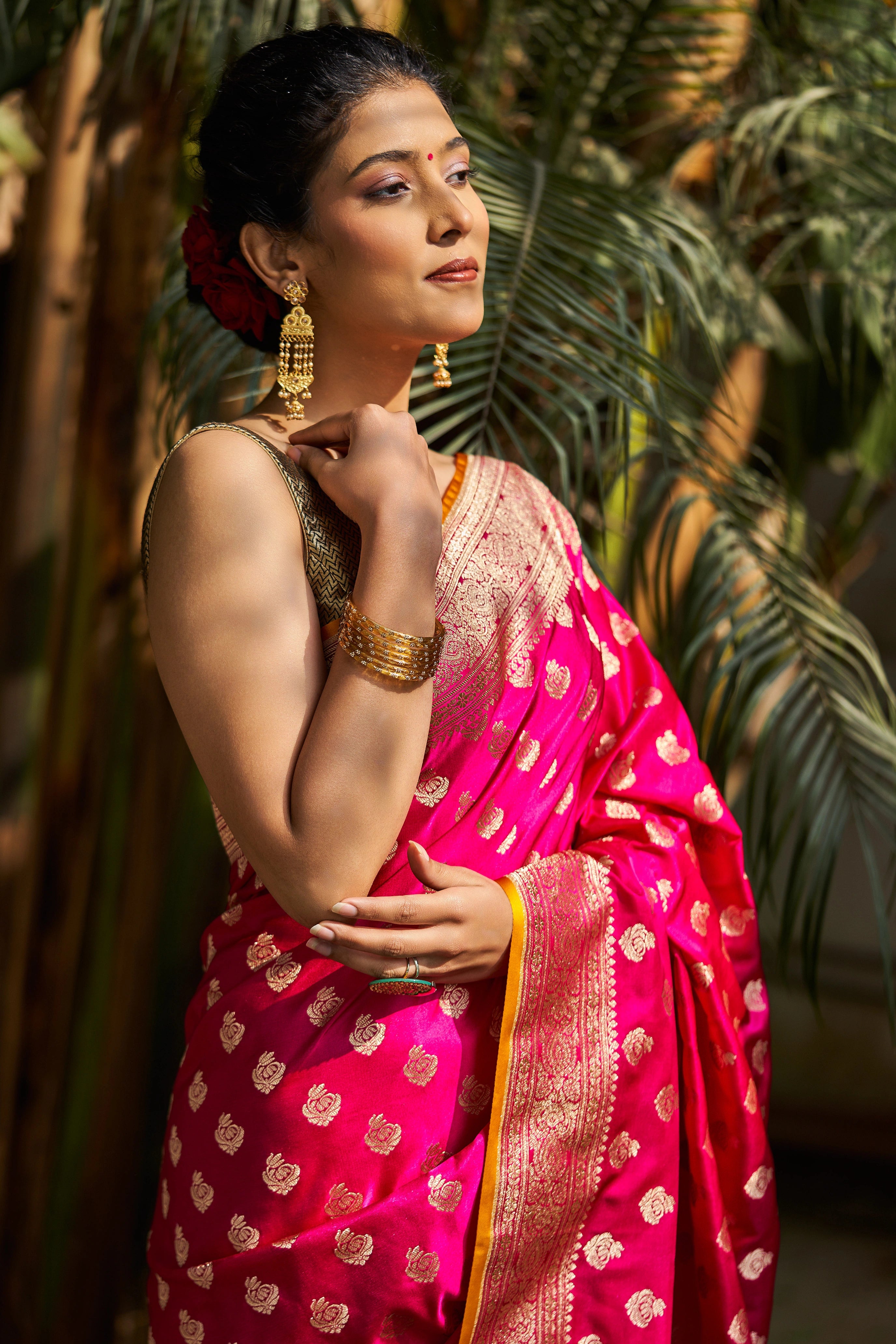 Aprajita Pink Satin Mushru Silk Banarasi Saree with Booties