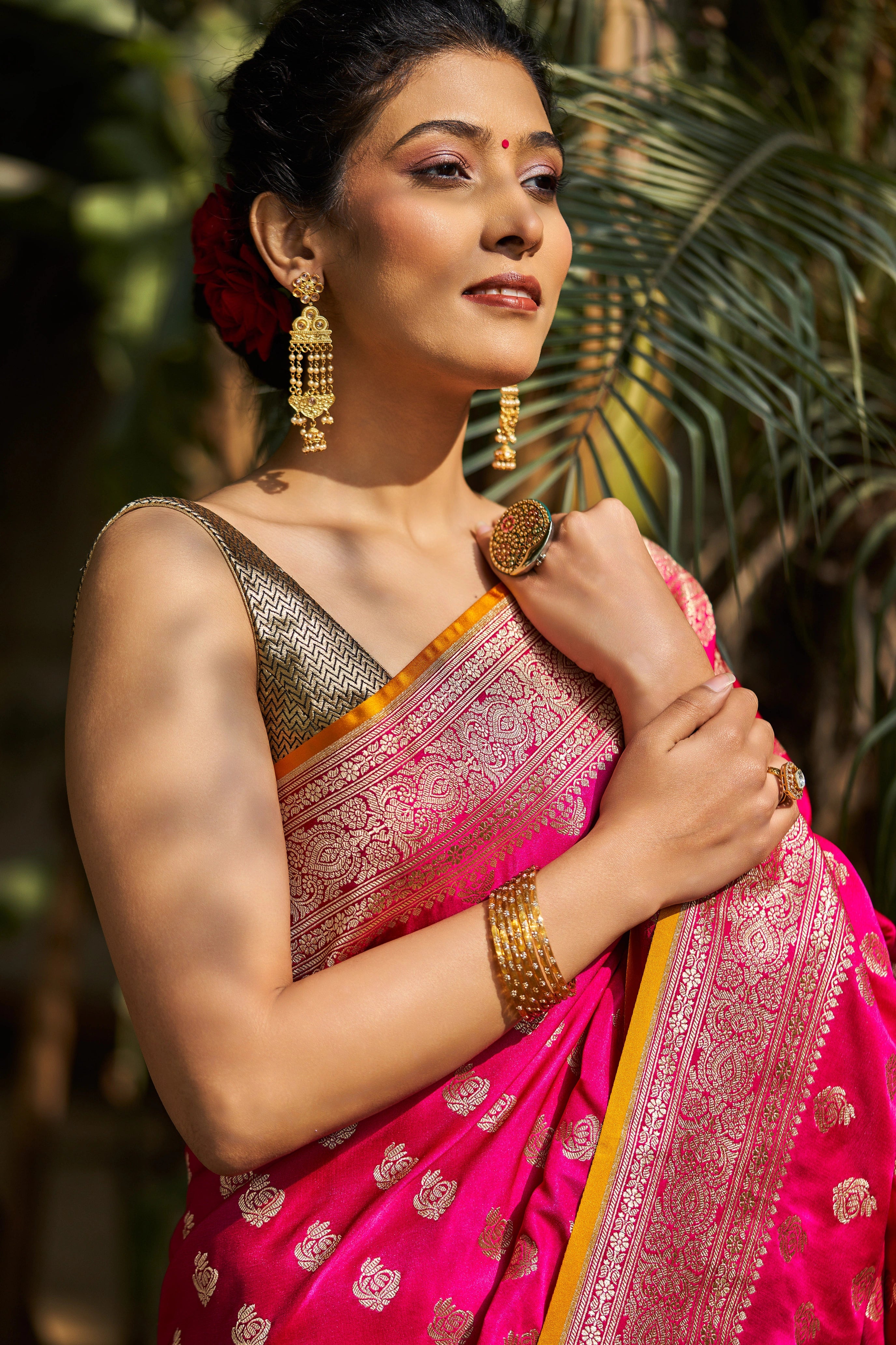 Aprajita Pink Satin Mushru Silk Banarasi Saree with Booties