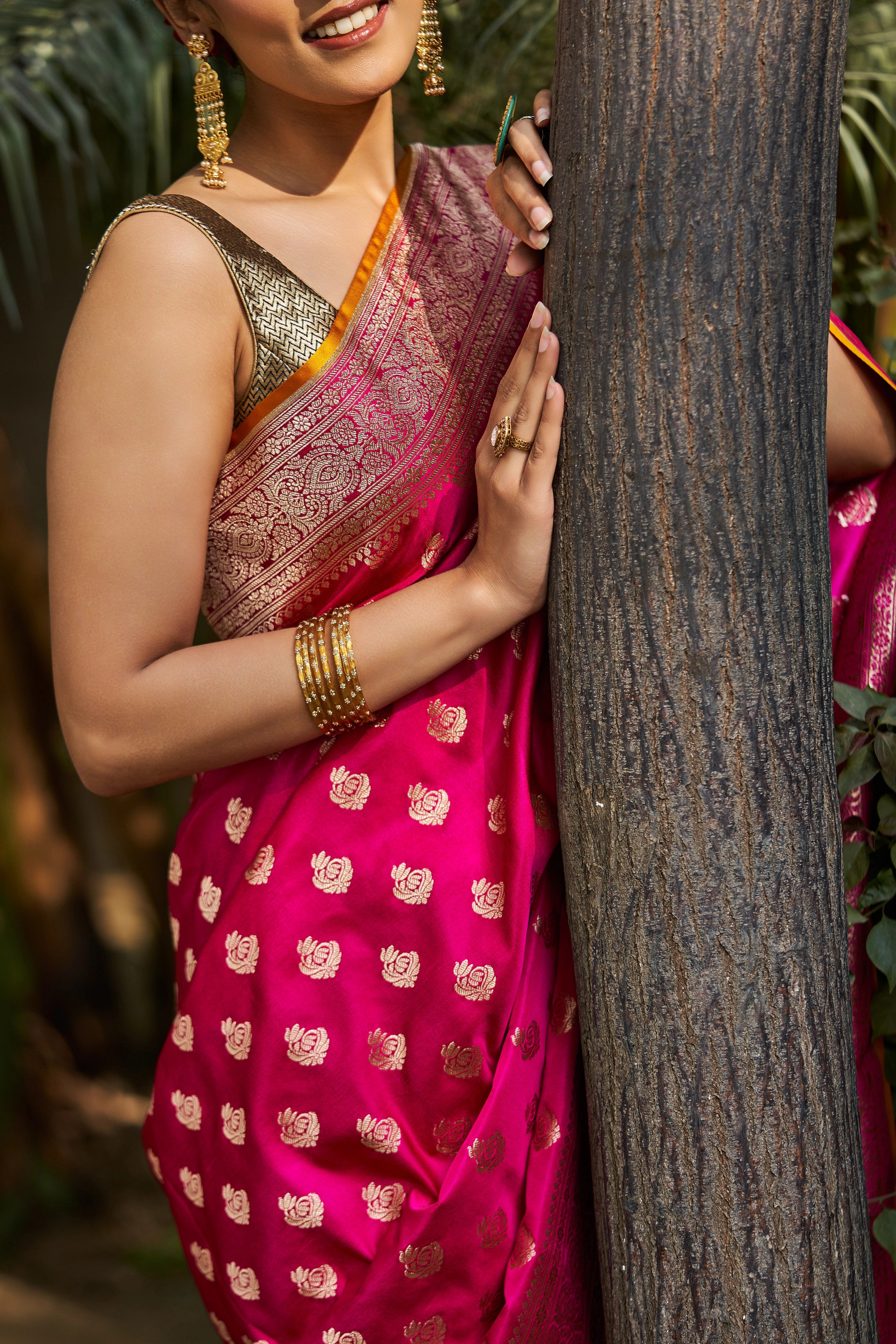 Aprajita Pink Satin Mushru Silk Banarasi Saree with Booties