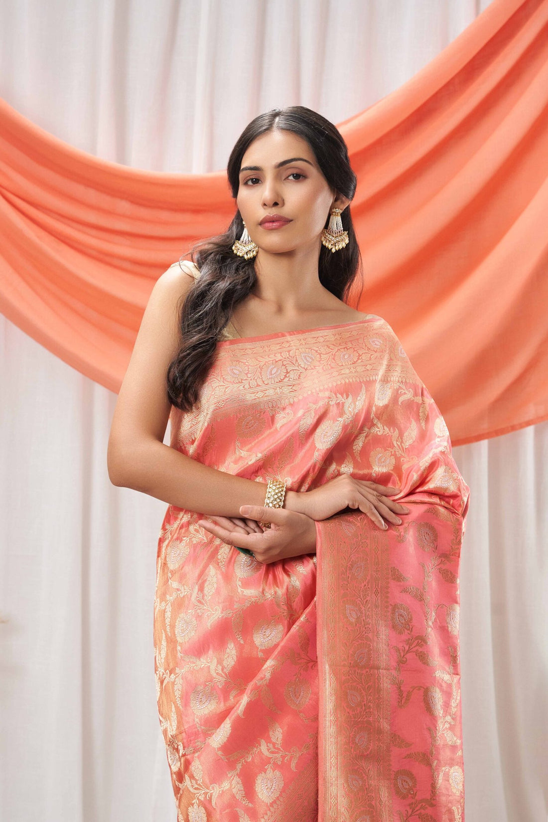 Tissue Peach Jangla Saree