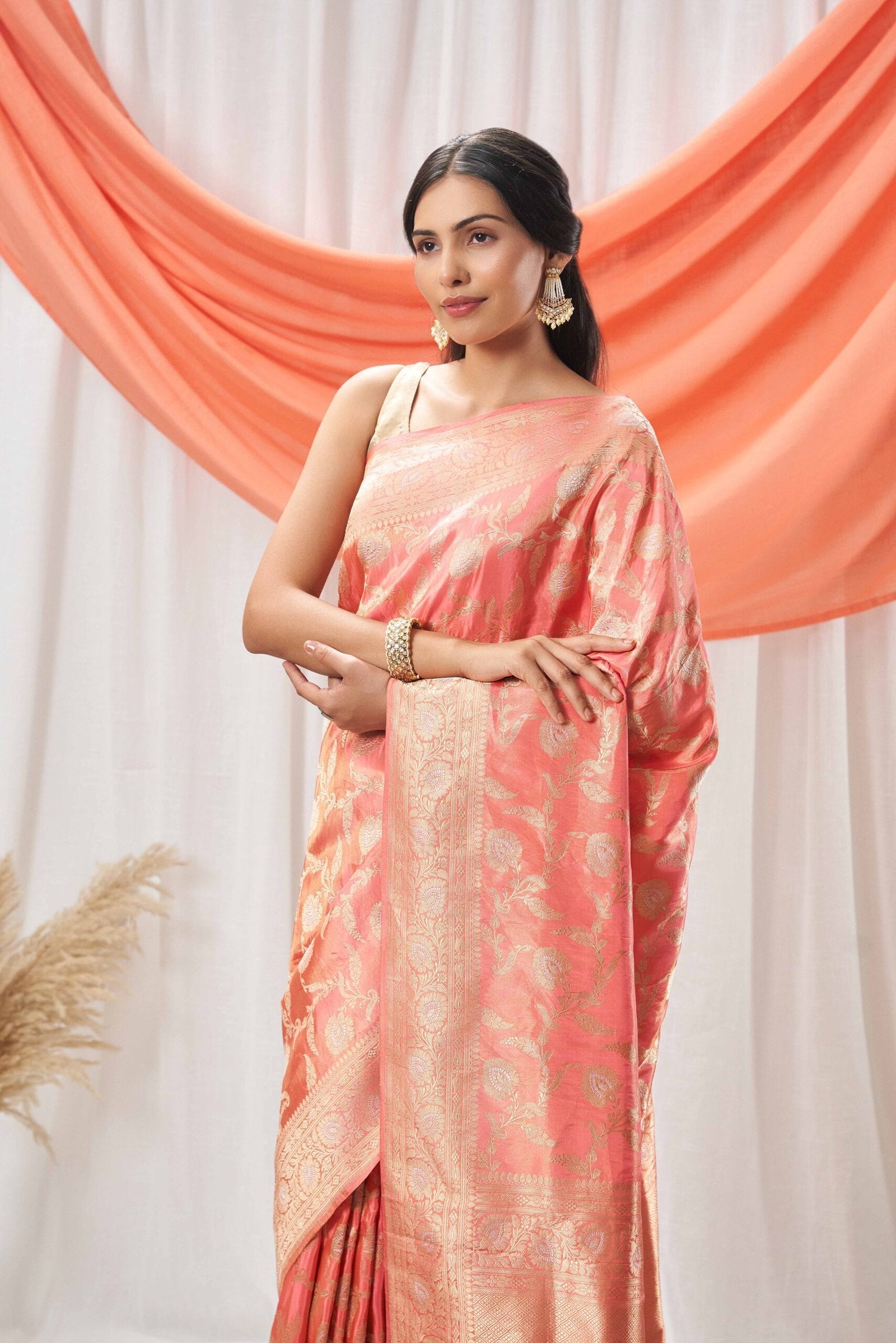 Tissue Peach Jangla Saree