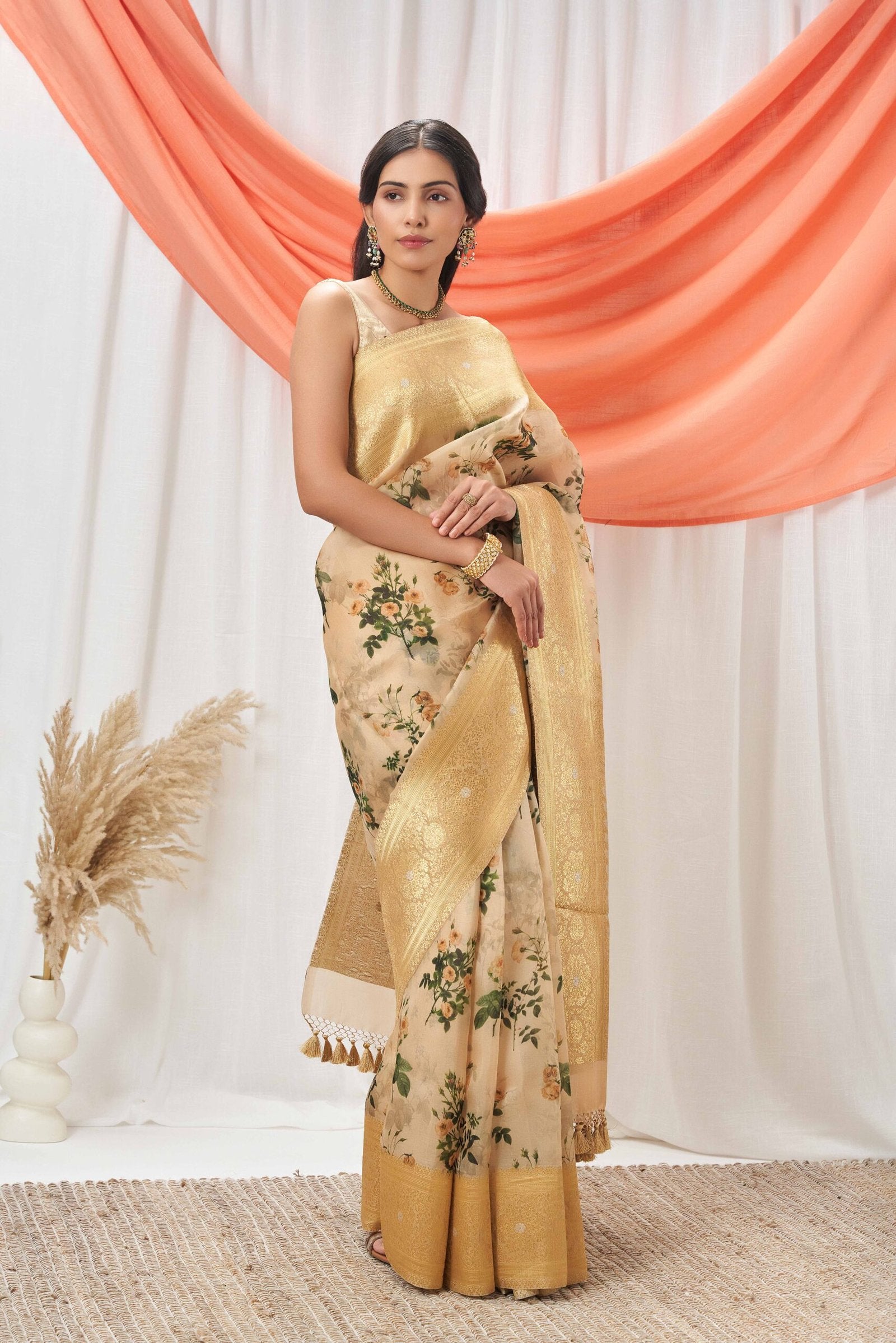 Beige Kora Banarasi Printed Saree