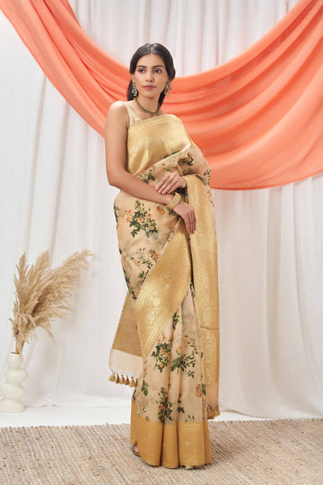 Beige Kora Banarasi Printed Saree