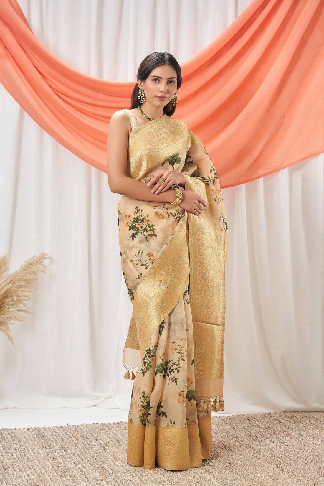 Beige Kora Banarasi Printed Saree