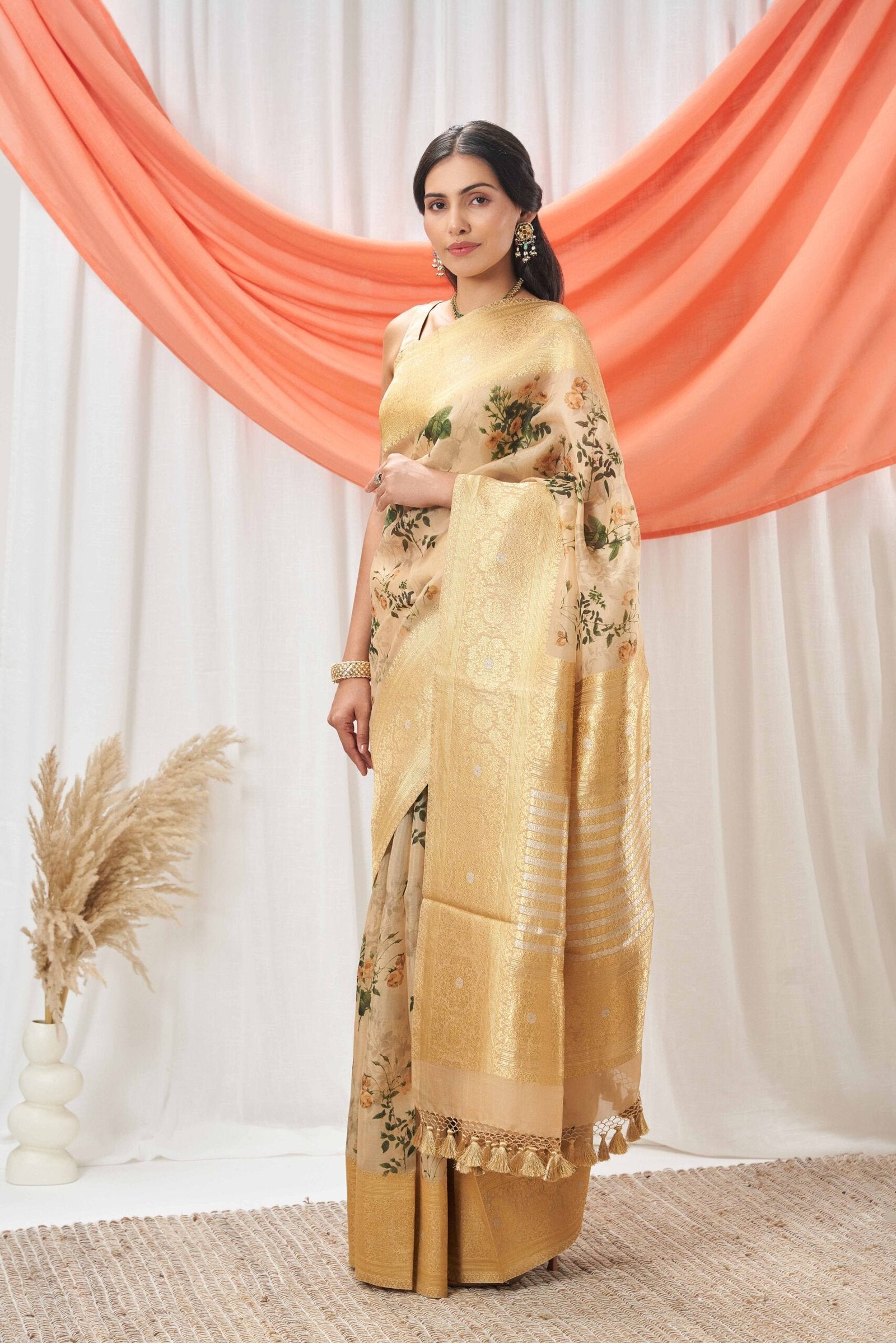 Beige Kora Banarasi Printed Saree