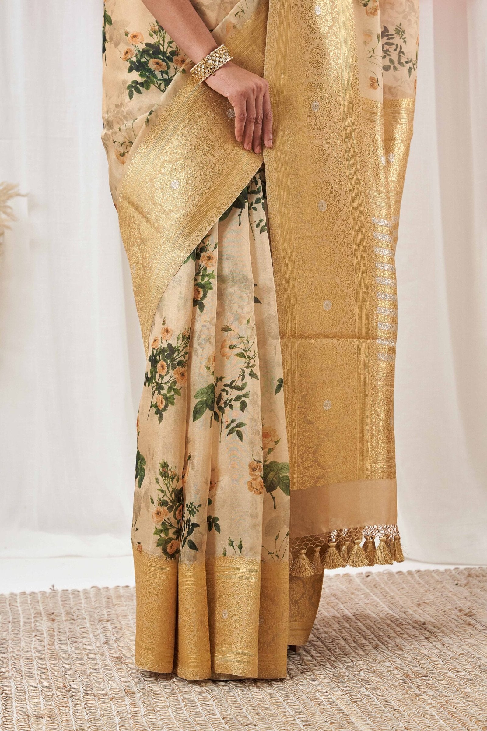 Beige Kora Banarasi Printed Saree