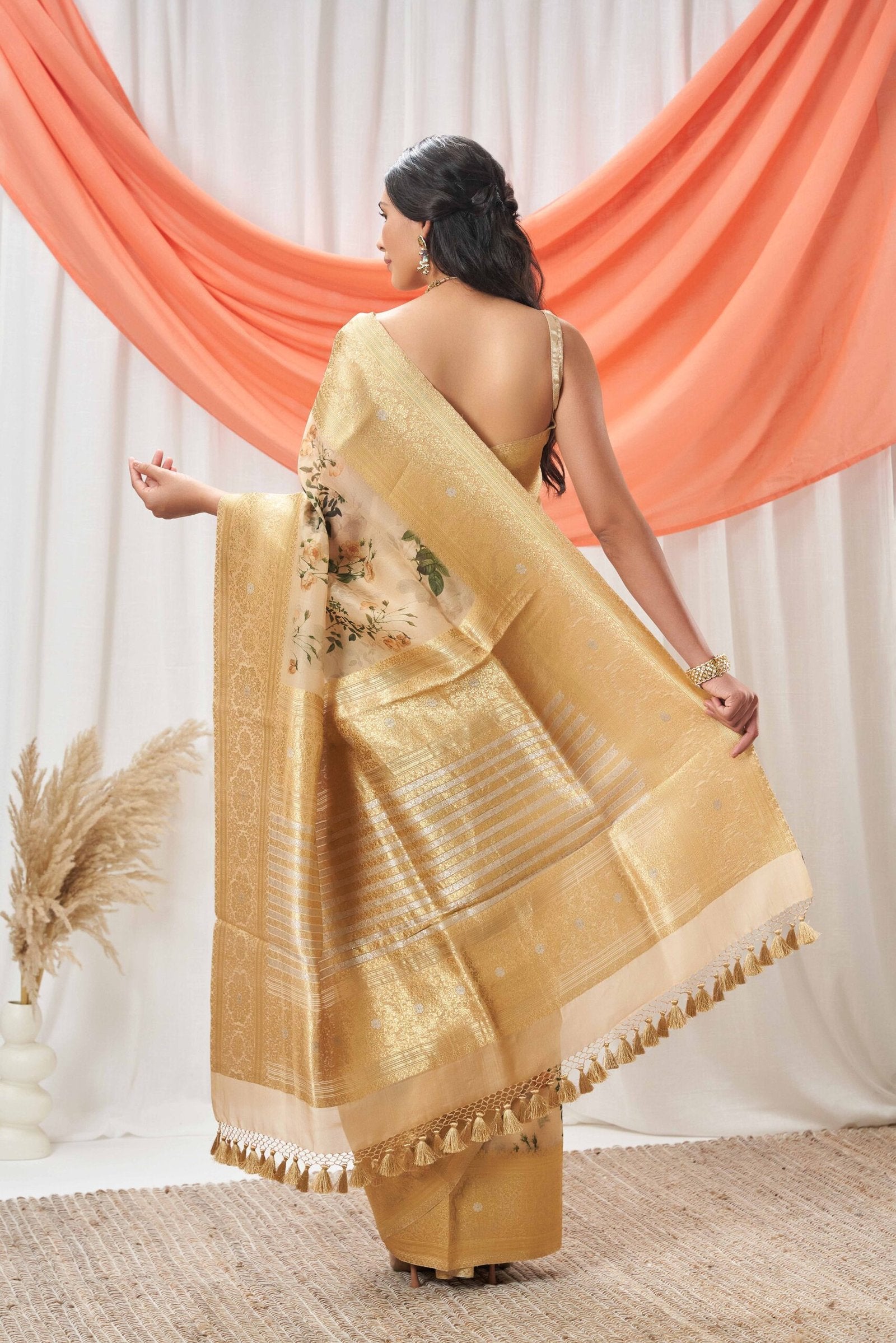 Beige Kora Banarasi Printed Saree