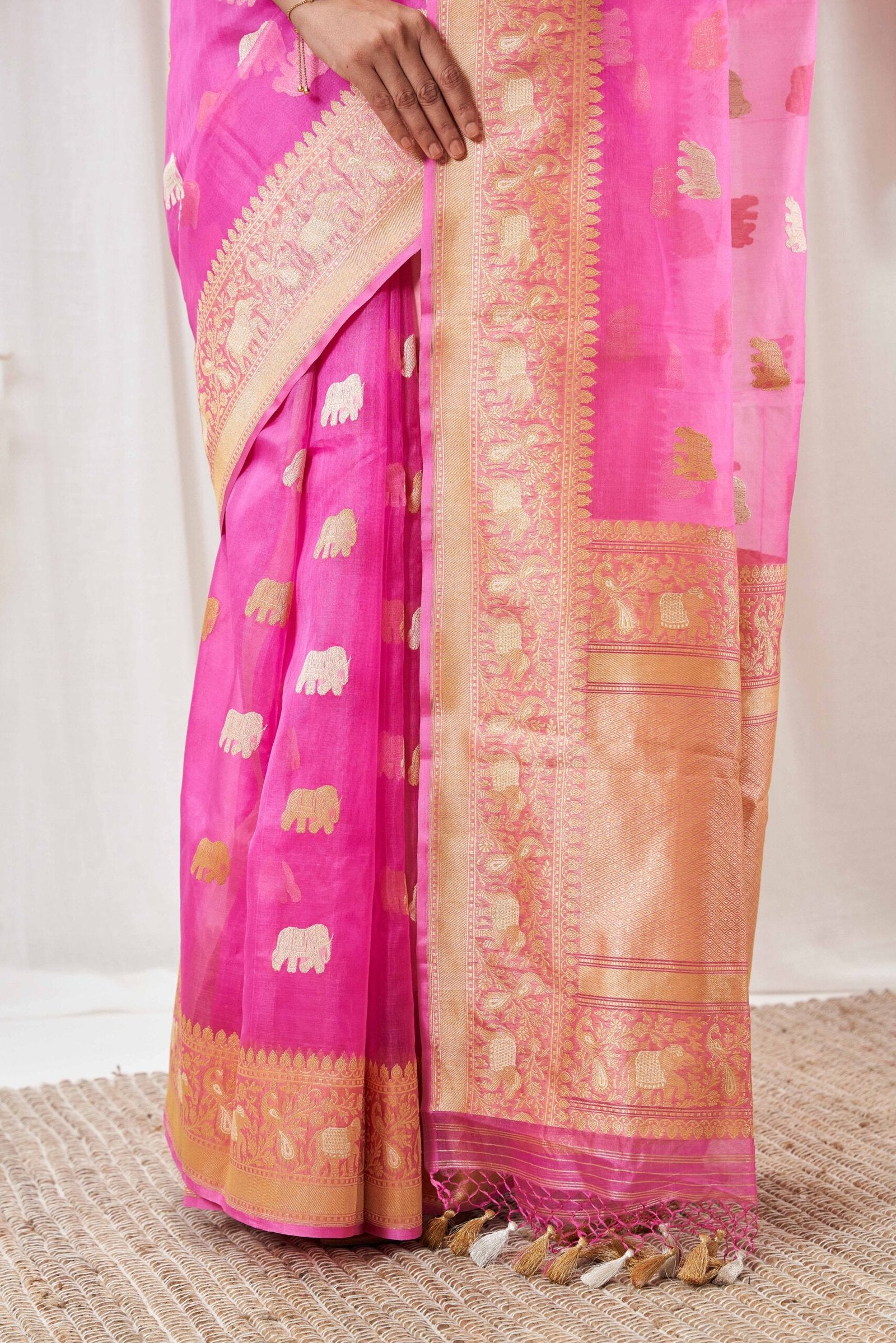 Hot Pink Kora Banarasi Saree with Elephant Motifs