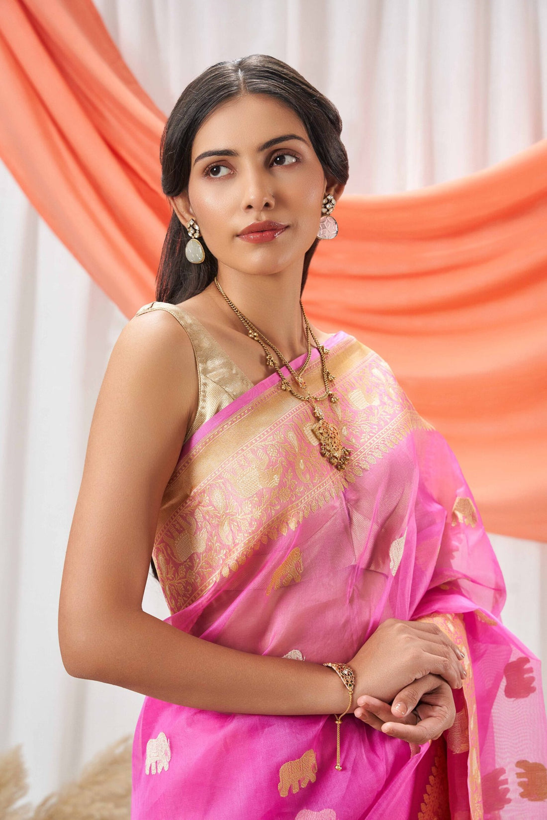 Hot Pink Kora Banarasi Saree with Elephant Motifs
