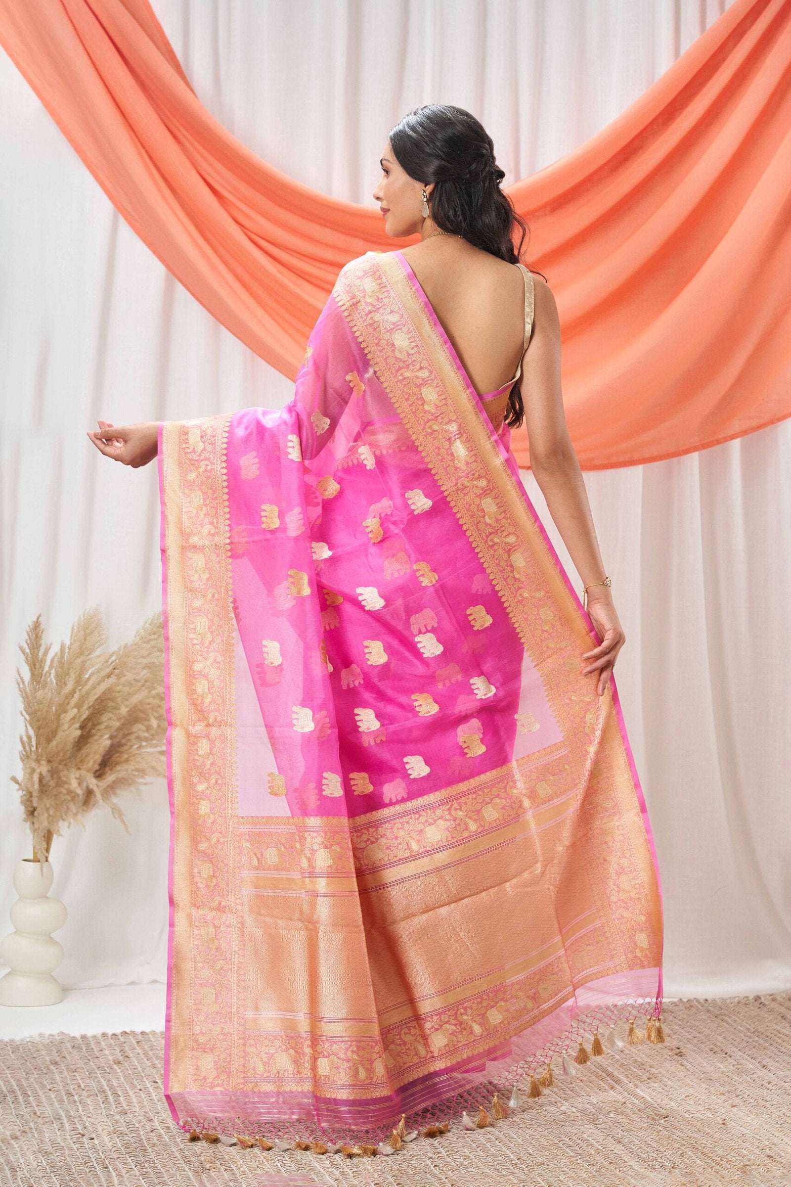 Hot Pink Kora Banarasi Saree with Elephant Motifs
