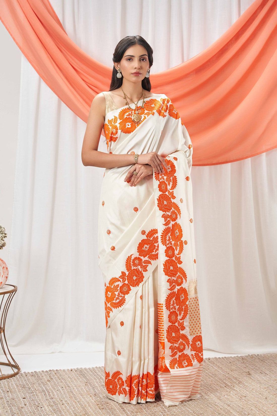 Ivory & Orange Resham Weave Banarasi Saree