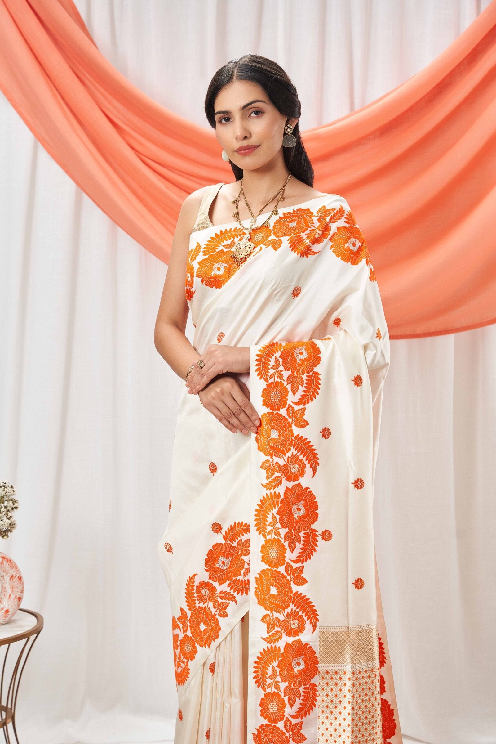 Ivory & Orange Resham Weave Banarasi Saree