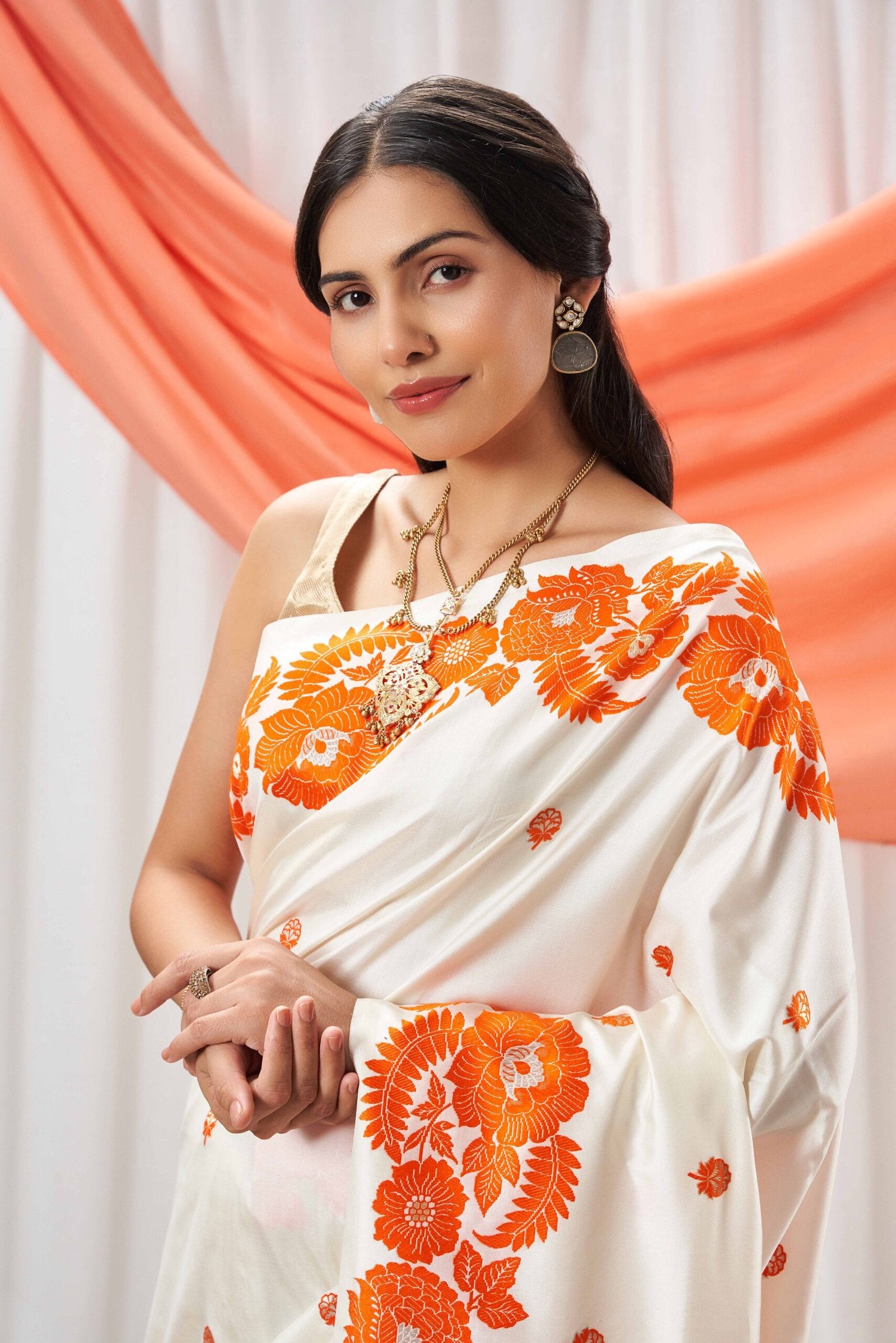 Ivory & Orange Resham Weave Banarasi Saree