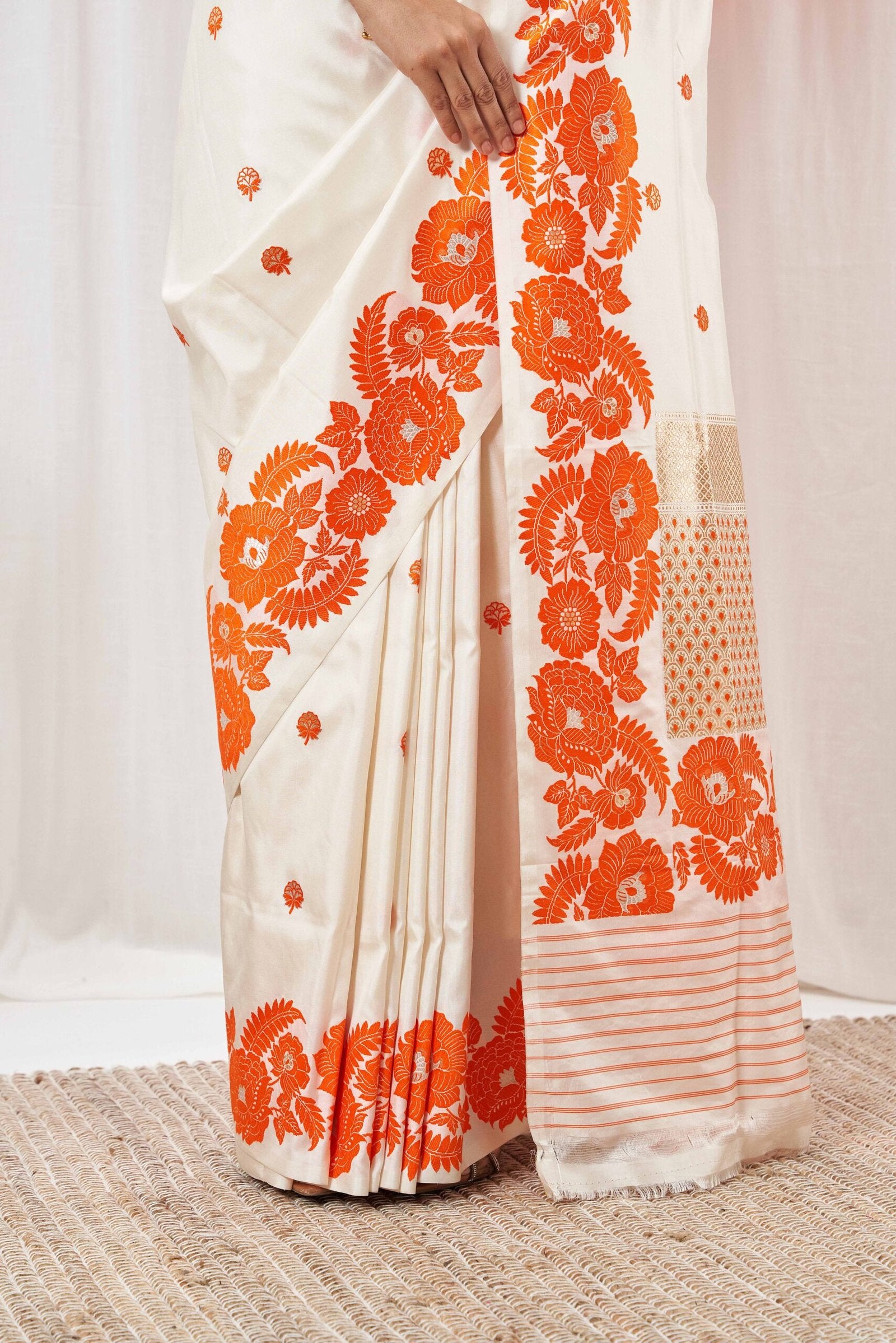 Ivory & Orange Resham Weave Banarasi Saree