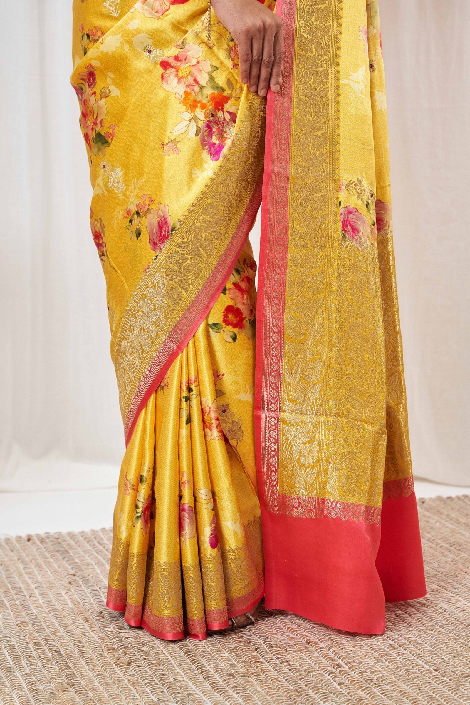 Printed Yellow Mushru Silk Saree
