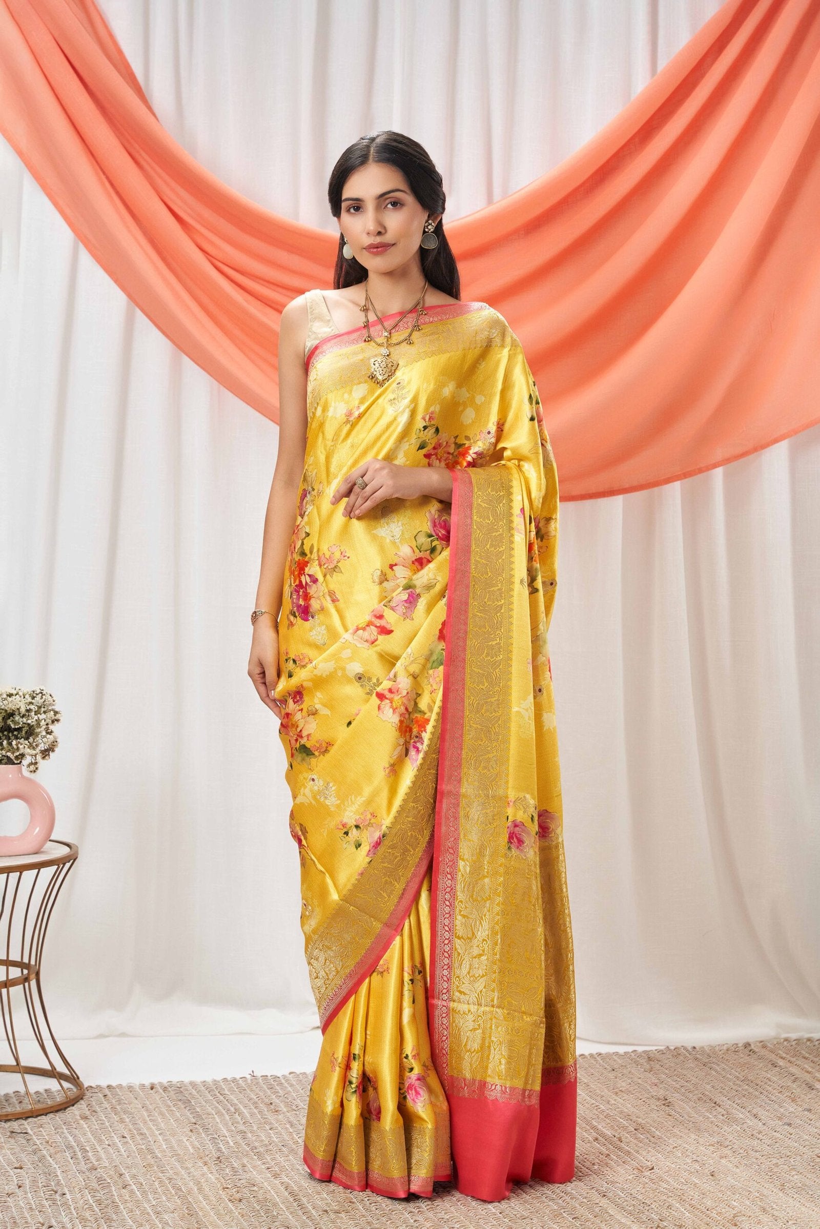 Printed Yellow Mushru Silk Saree
