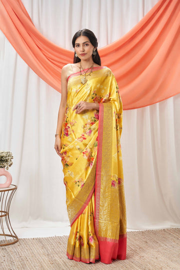 Printed Yellow Mushru Silk Saree