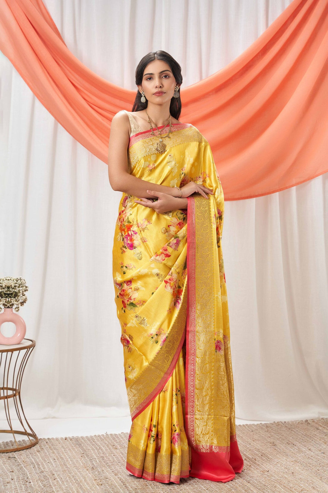 Printed Yellow Mushru Silk Saree