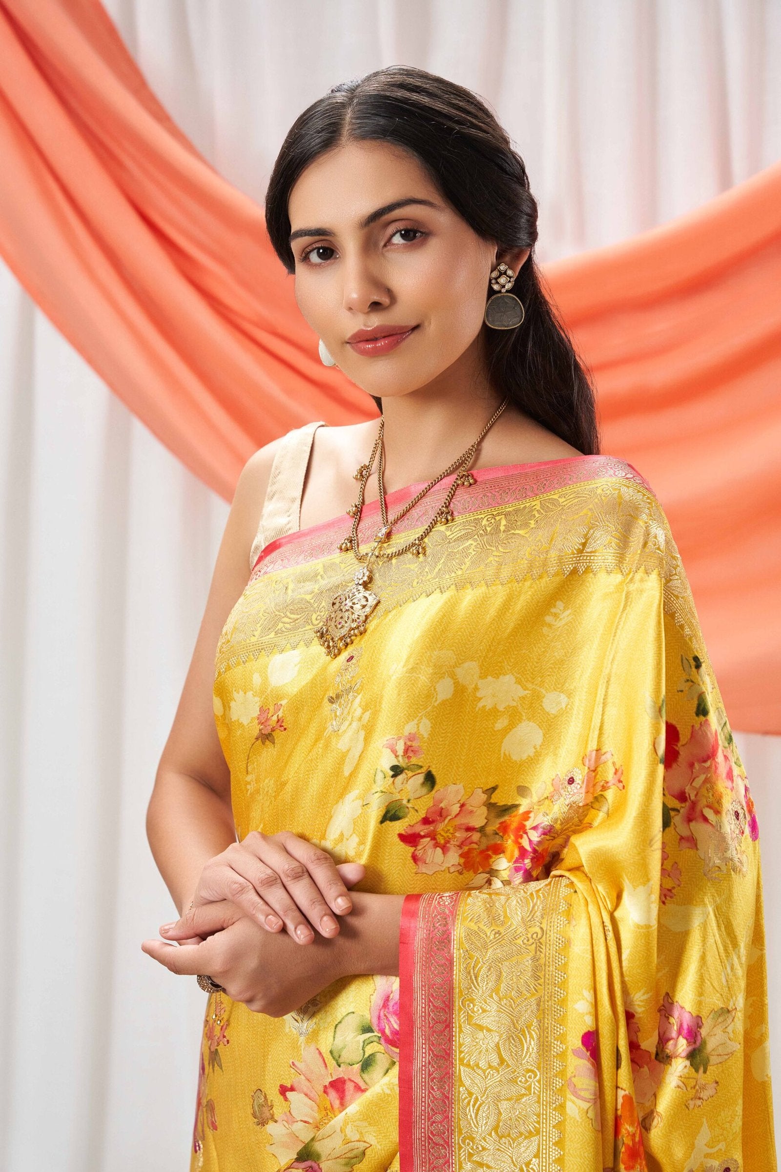Printed Yellow Mushru Silk Saree