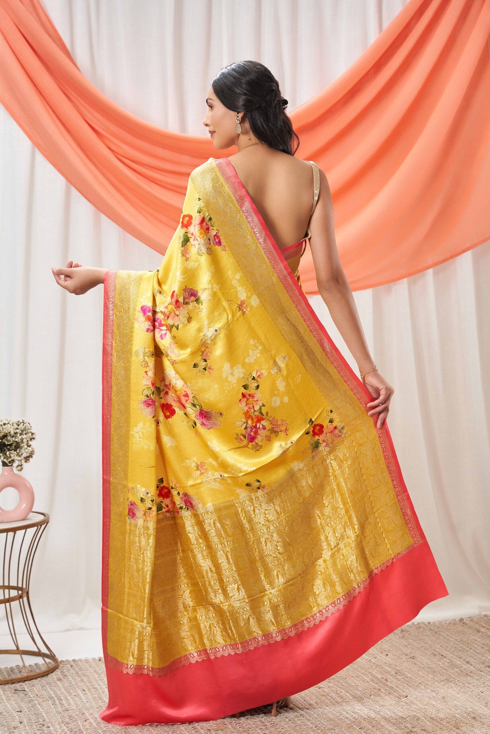 Printed Yellow Mushru Silk Saree